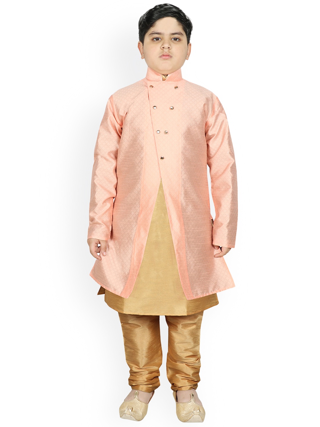 

SG YUVRAJ Boys Peach-Coloured & Gold-Toned Raw Silk Kurta with Churidar