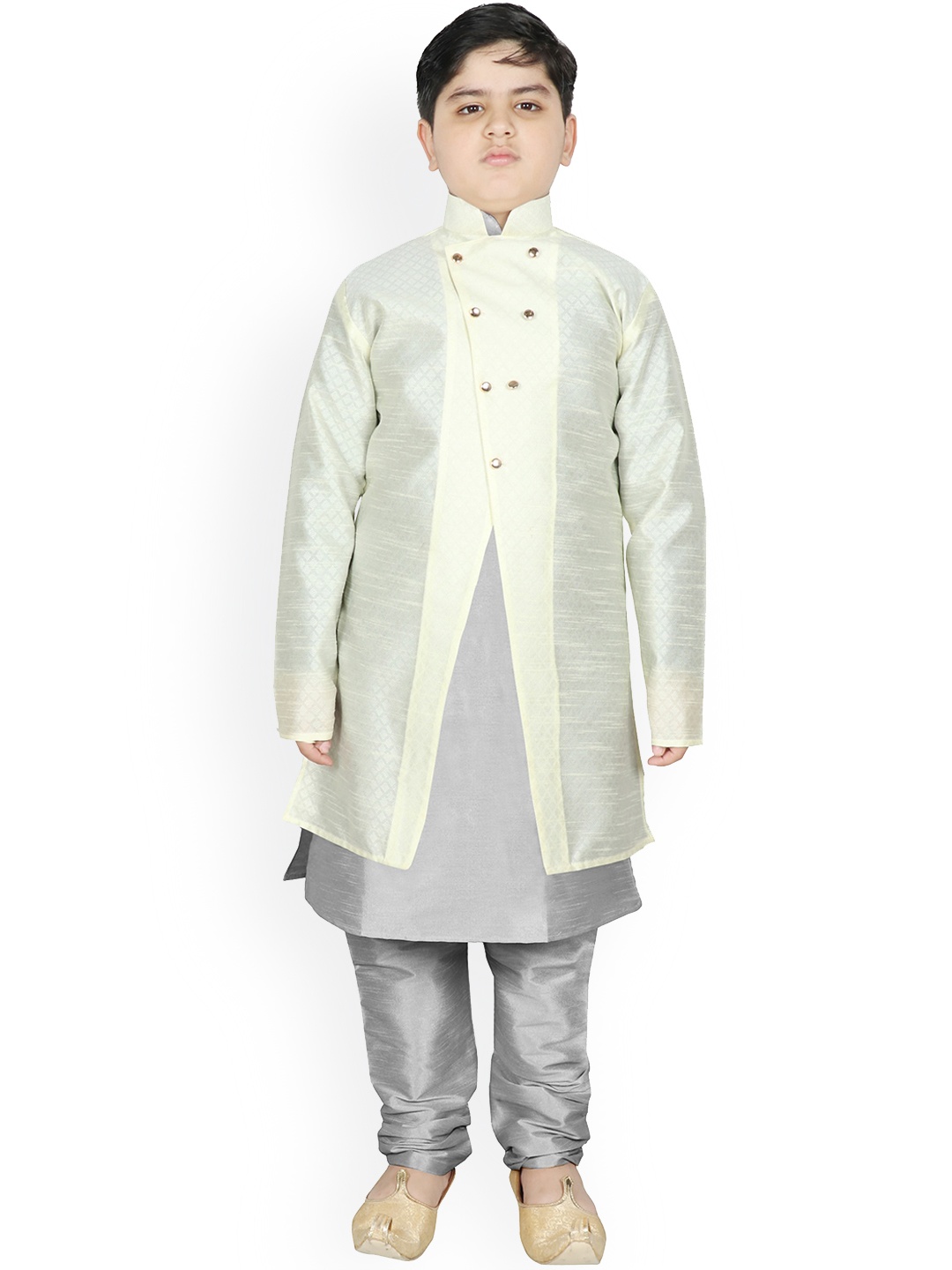 

SG YUVRAJ Boys Cream-Coloured Raw Silk Kurta with Pyjamas & Jacket