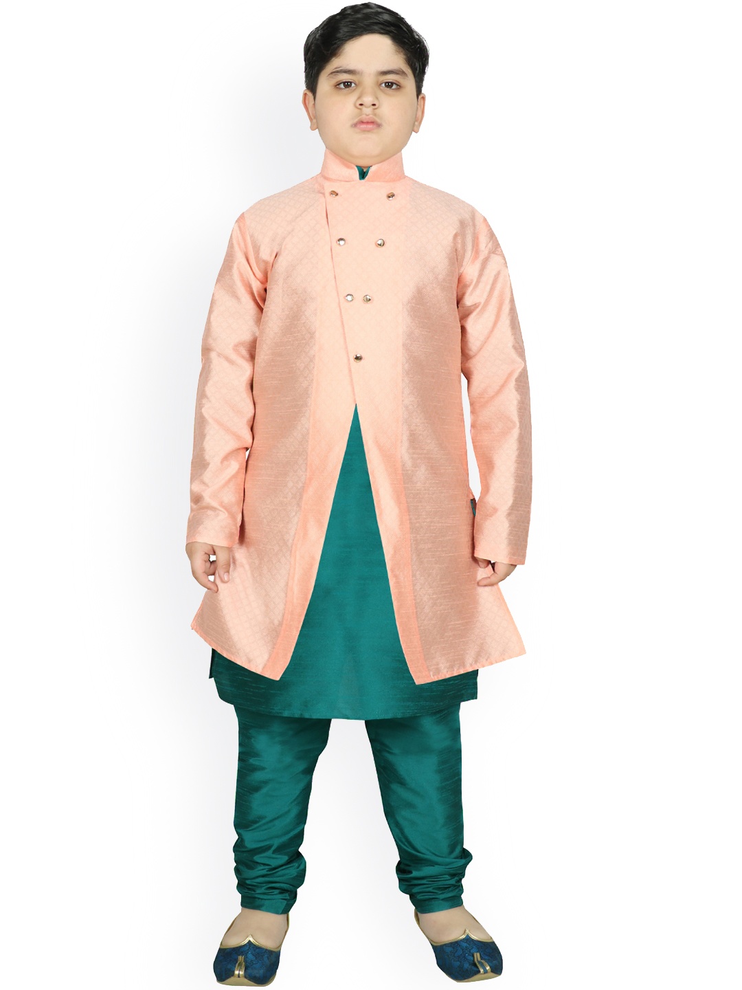 

SG YUVRAJ Boys Peach-Coloured & Green Raw Silk Kurta with Churidar