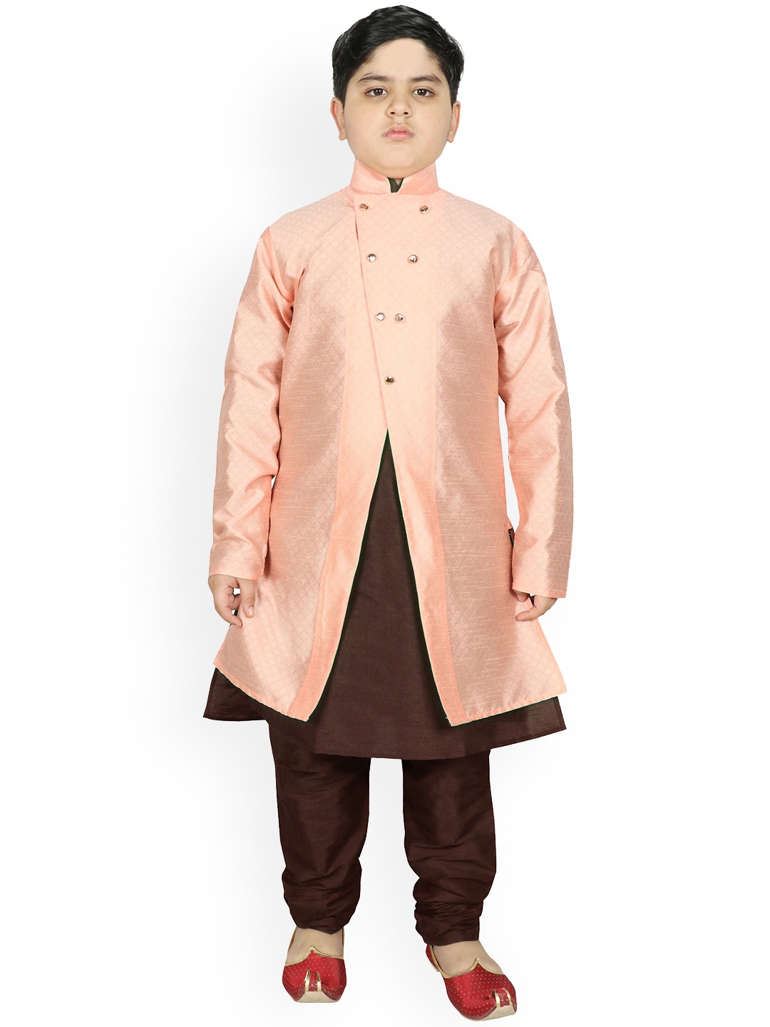 

SG YUVRAJ Boys Peach-Coloured & Brown Raw Silk Kurta with Churidar