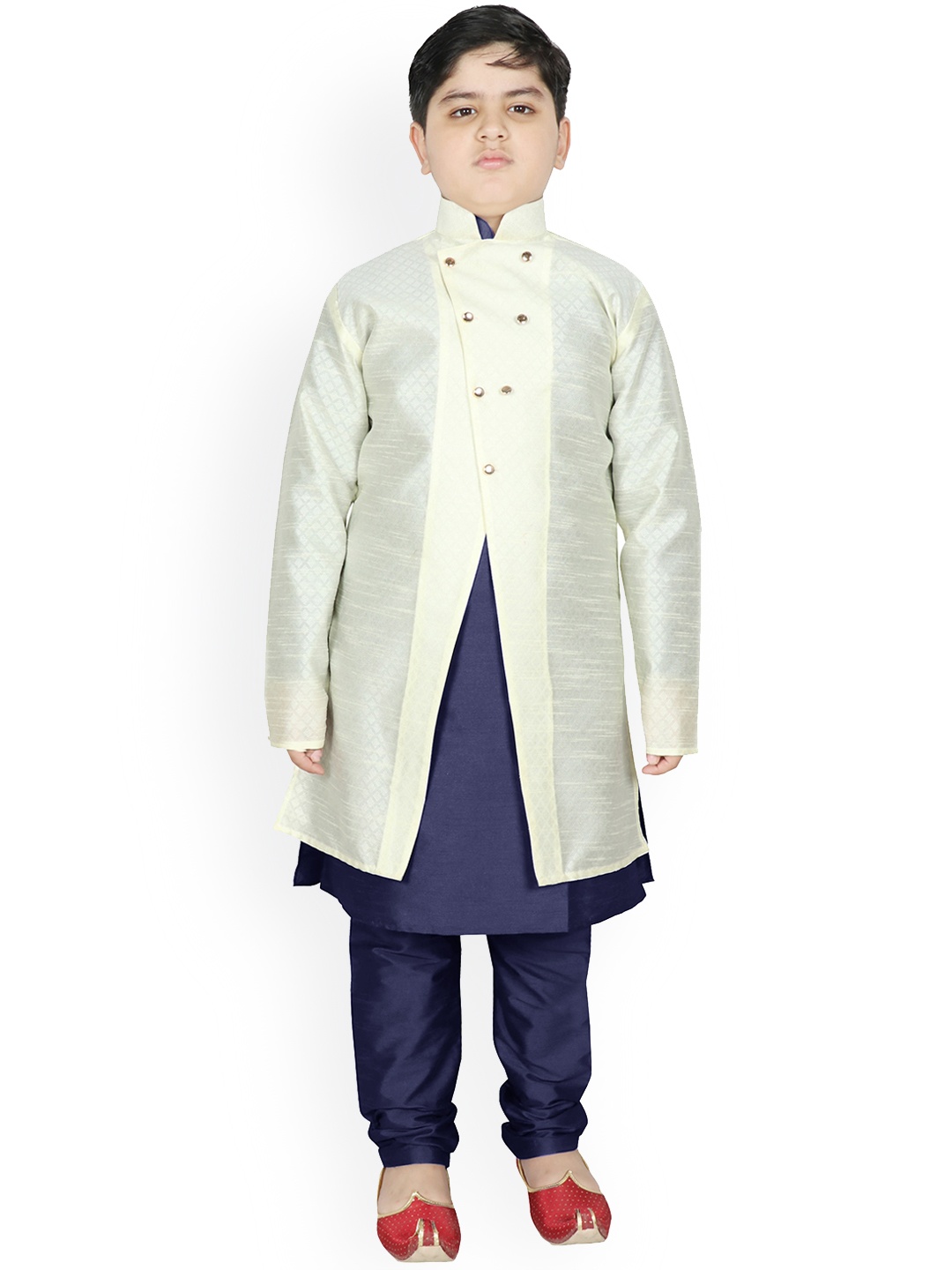 

SG YUVRAJ Boys Cream-Coloured & Navy Blue Raw Silk Kurta with Churidar