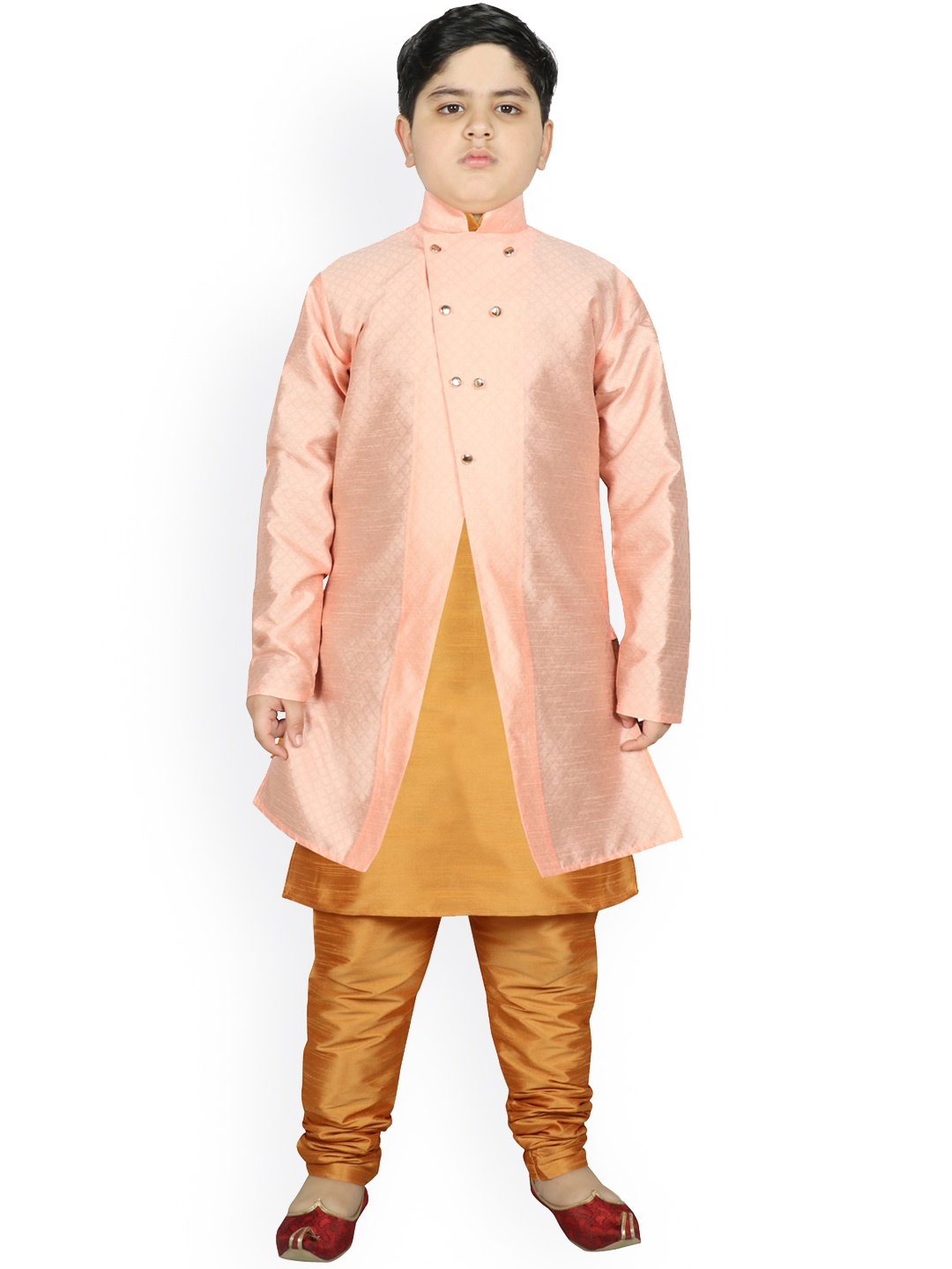

SG YUVRAJ Boys Peach-Coloured & Gold-Toned Raw Silk Kurta with Churidar