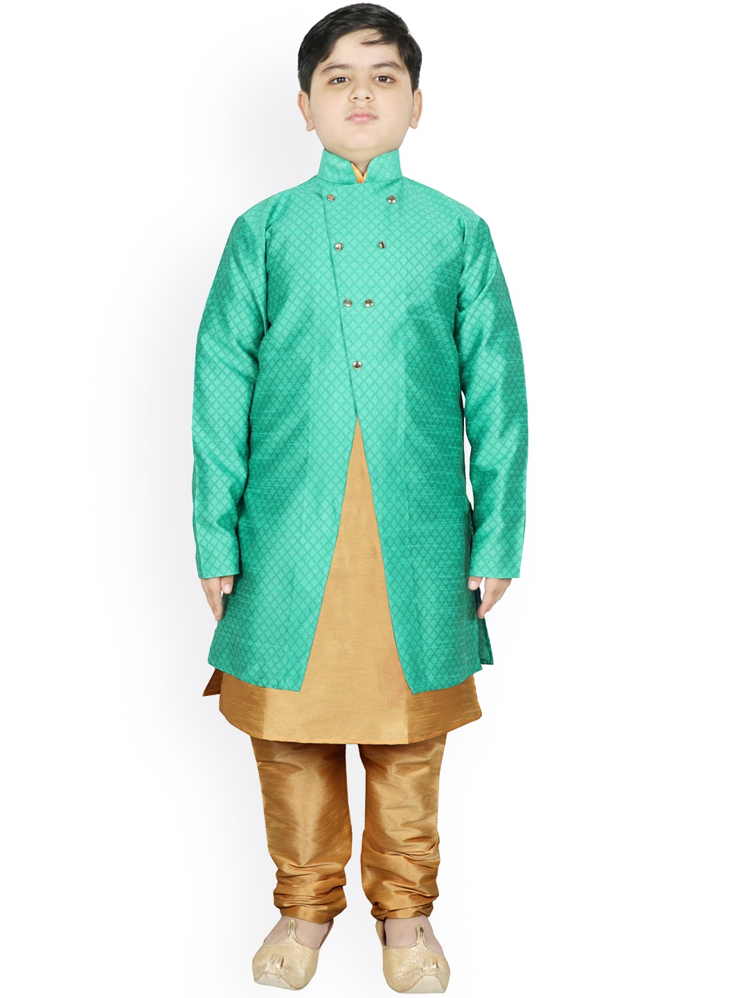 

SG YUVRAJ Boys Sea Green & Gold-Toned Raw Silk Kurta with Churidar