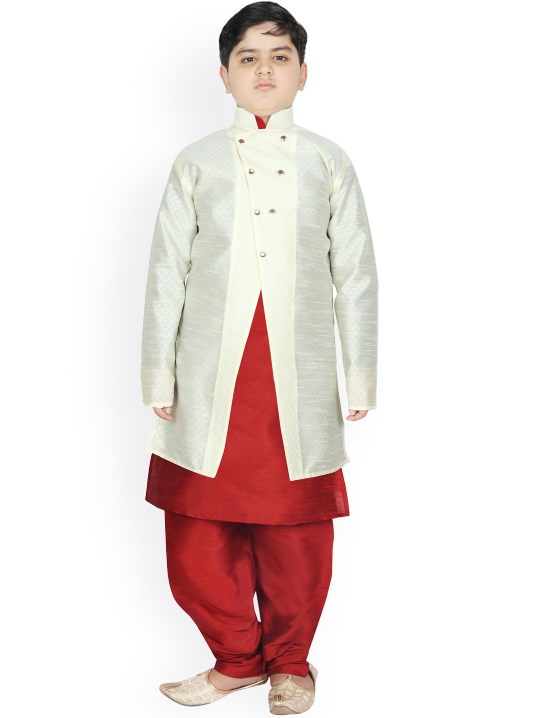 

SG YUVRAJ Boys Cream-Coloured & Maroon Raw Silk Kurta Pyjama with Jacket