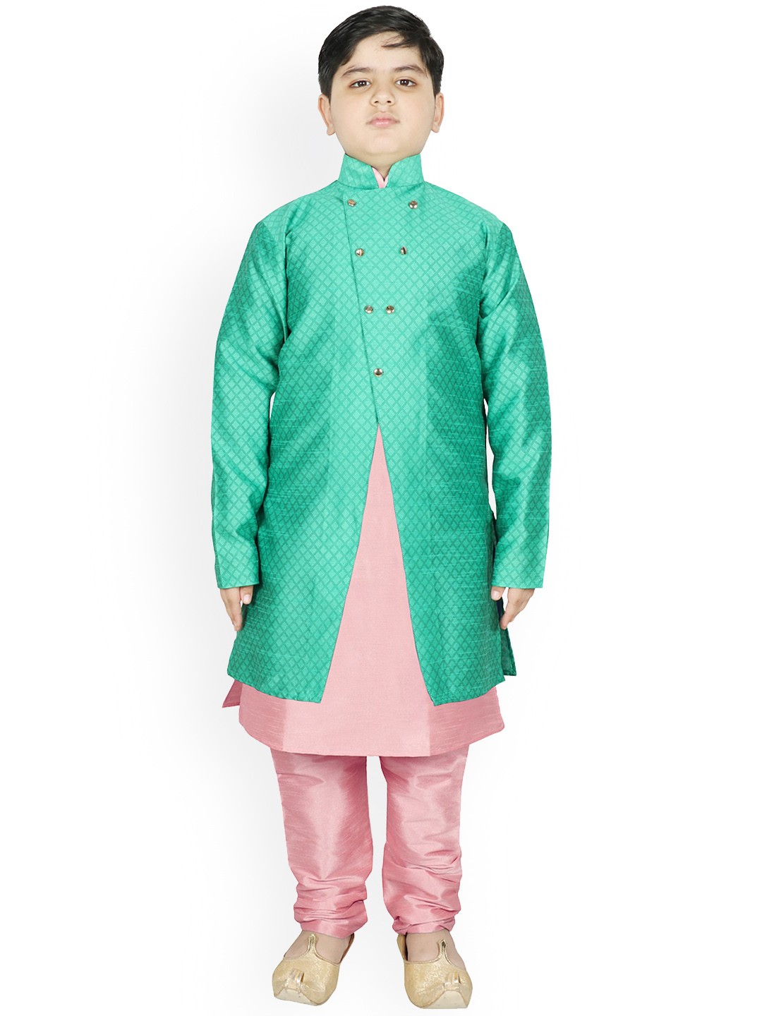 

SG YUVRAJ Boys Peach-Coloured Raw Silk Kurta with Pyjamas & Jacket