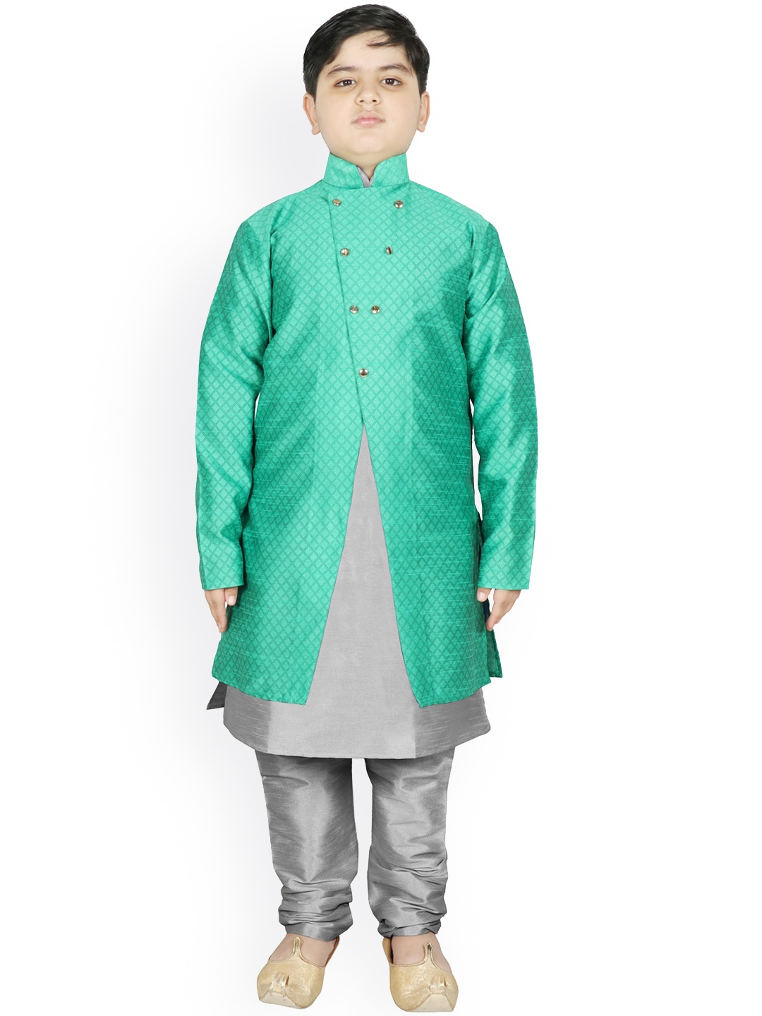 

SG YUVRAJ Boys Sea Green Raw Silk Kurta with Pyjamas & Jacket