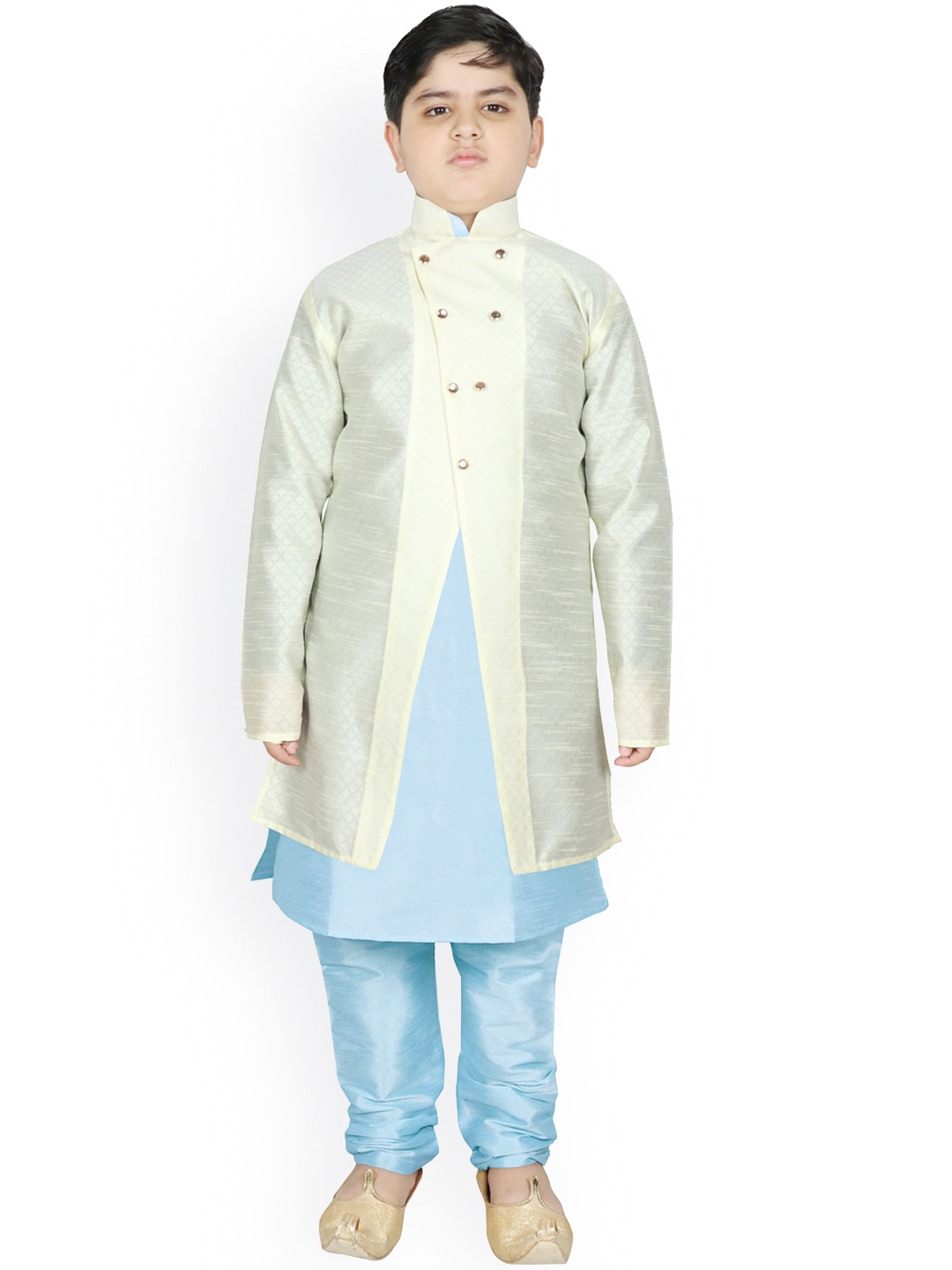 

SG YUVRAJ Boys Cream-Coloured & Blue Raw Silk Kurta Pyjama with Jacket
