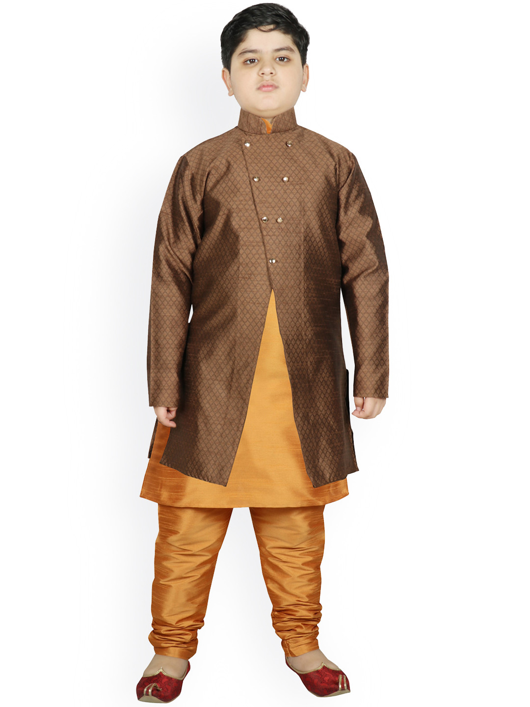 

SG YUVRAJ Boys Gold-Toned Raw Silk Kurta with Pyjamas & Jacket