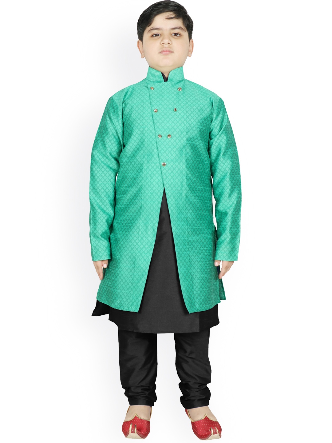 

SG YUVRAJ Boys Sea Green & Black Raw Silk Kurta with Churidar