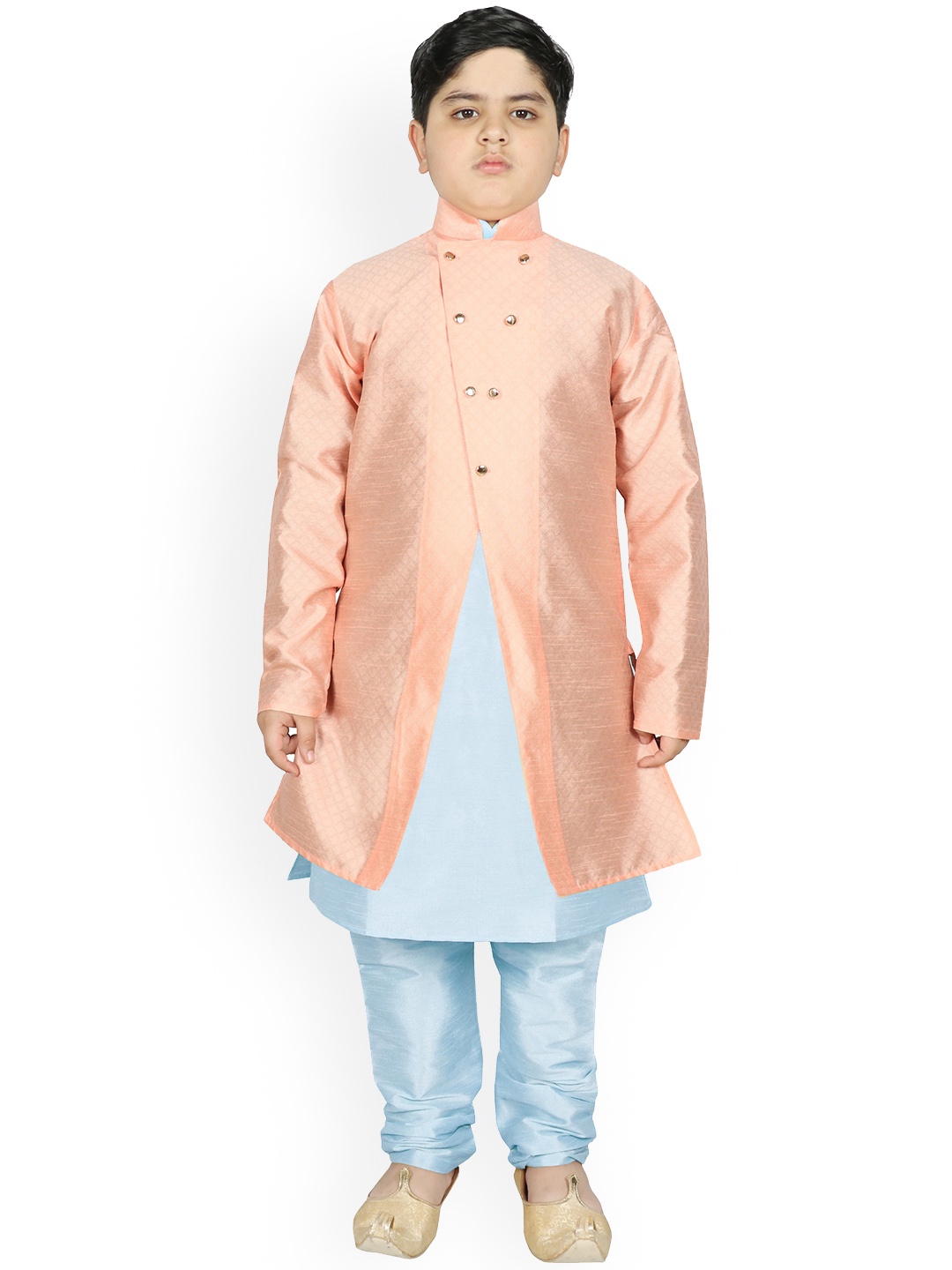 

SG YUVRAJ Boys Peach-Coloured & Blue Raw Silk Kurta with Churidar