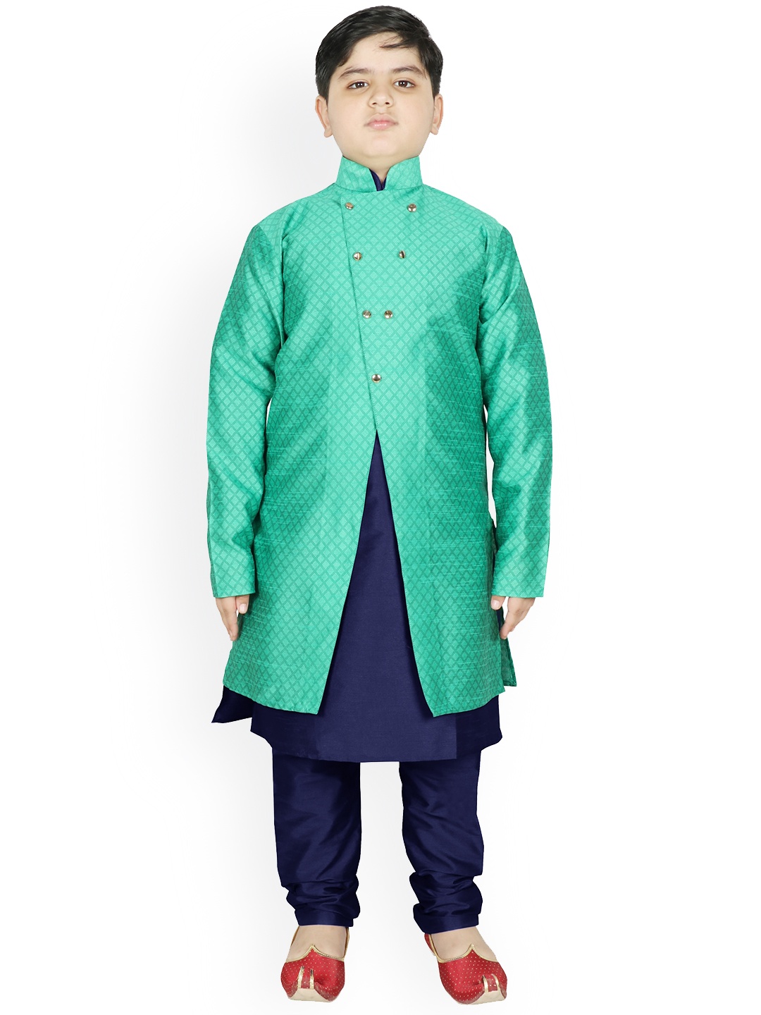 

SG YUVRAJ Boys Sea Green & Navy Blue Raw Silk Kurta with Churidar