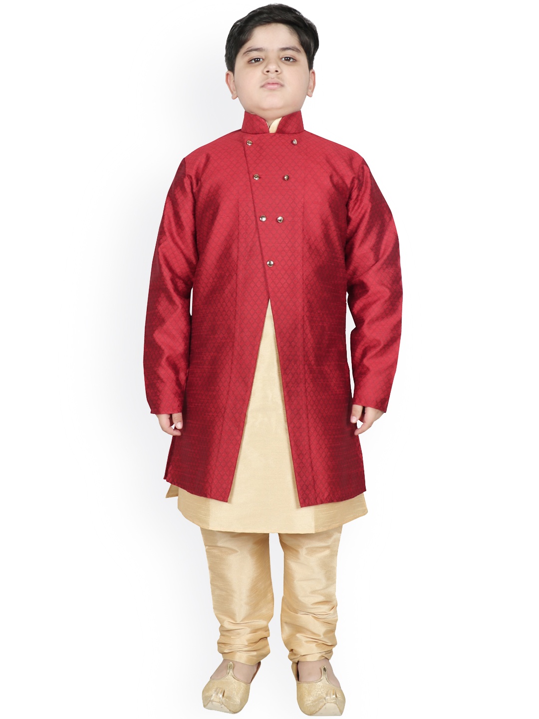 

SG YUVRAJ Boys Maroon & Cream Raw Silk Kurta Pyjama with Jacket