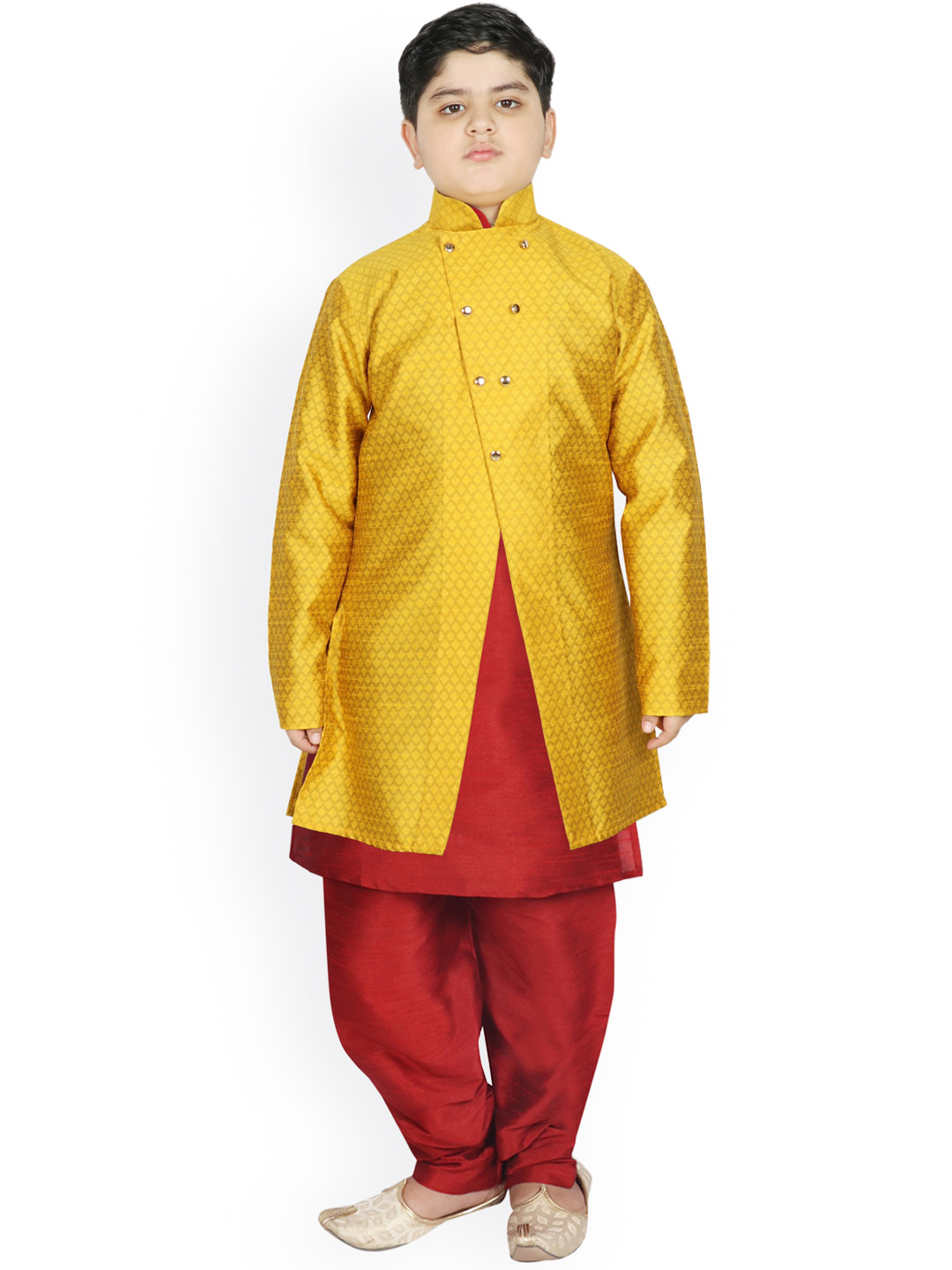 

SG YUVRAJ Boys Yellow & Red Raw Silk Kurta Pyjama with Jacket