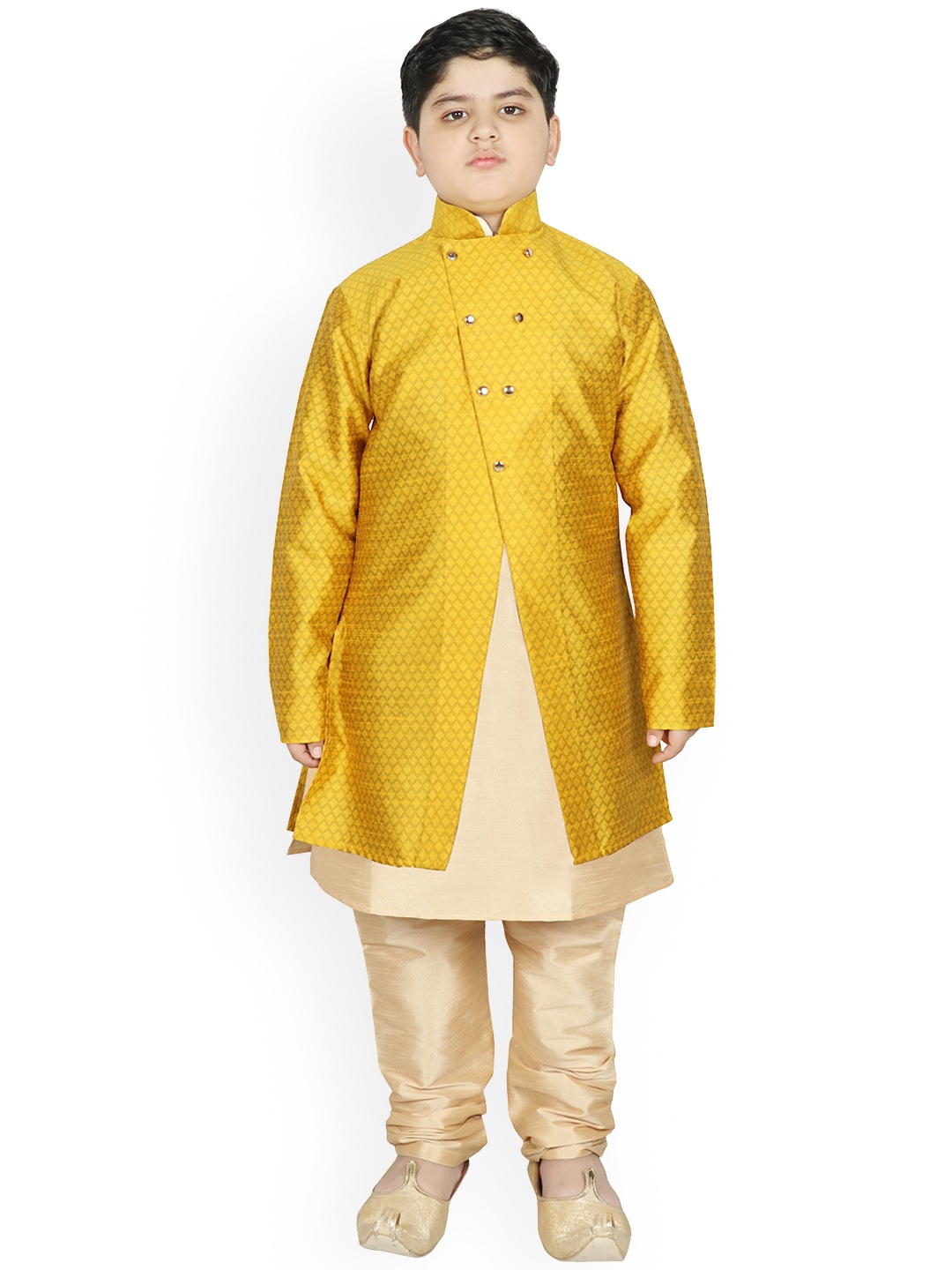 

SG YUVRAJ Boys Yellow Raw Silk Kurta Pyjama with Jacket