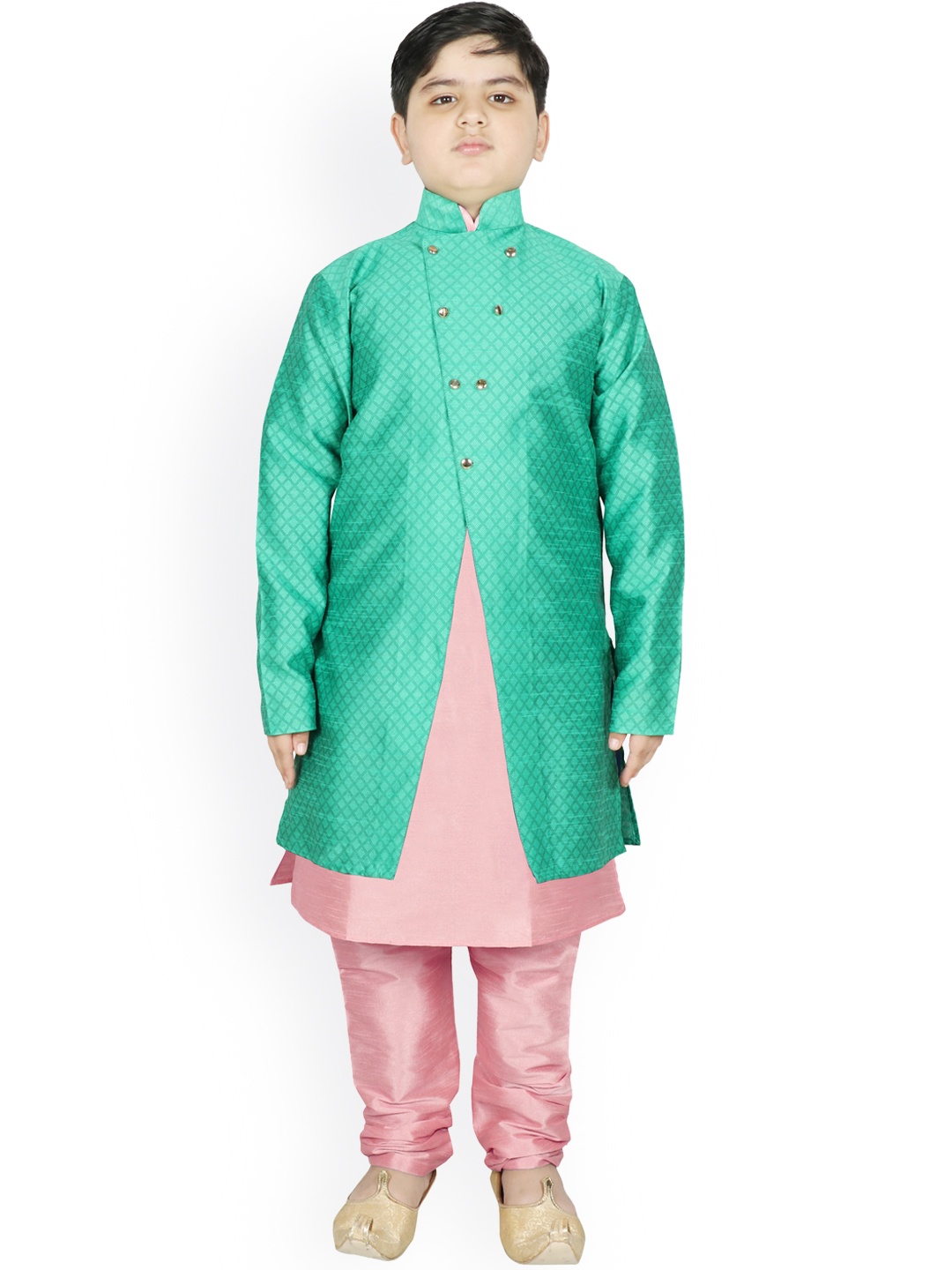 

SG YUVRAJ Boys Sea Green Raw Silk Kurta with Pyjamas & Jacket