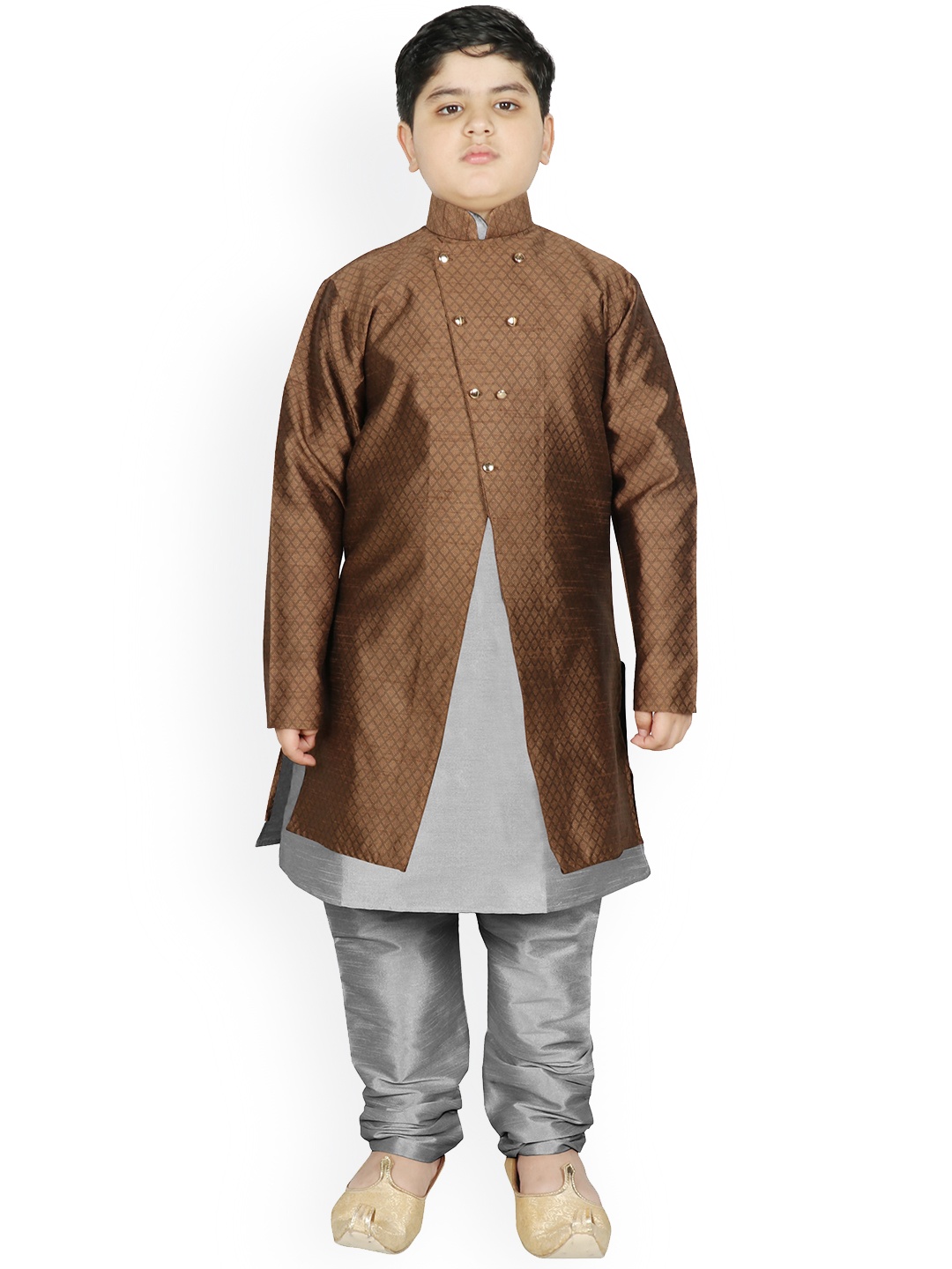 

SG YUVRAJ Boys Brown Raw Silk Kurta with Pyjamas & Jacket