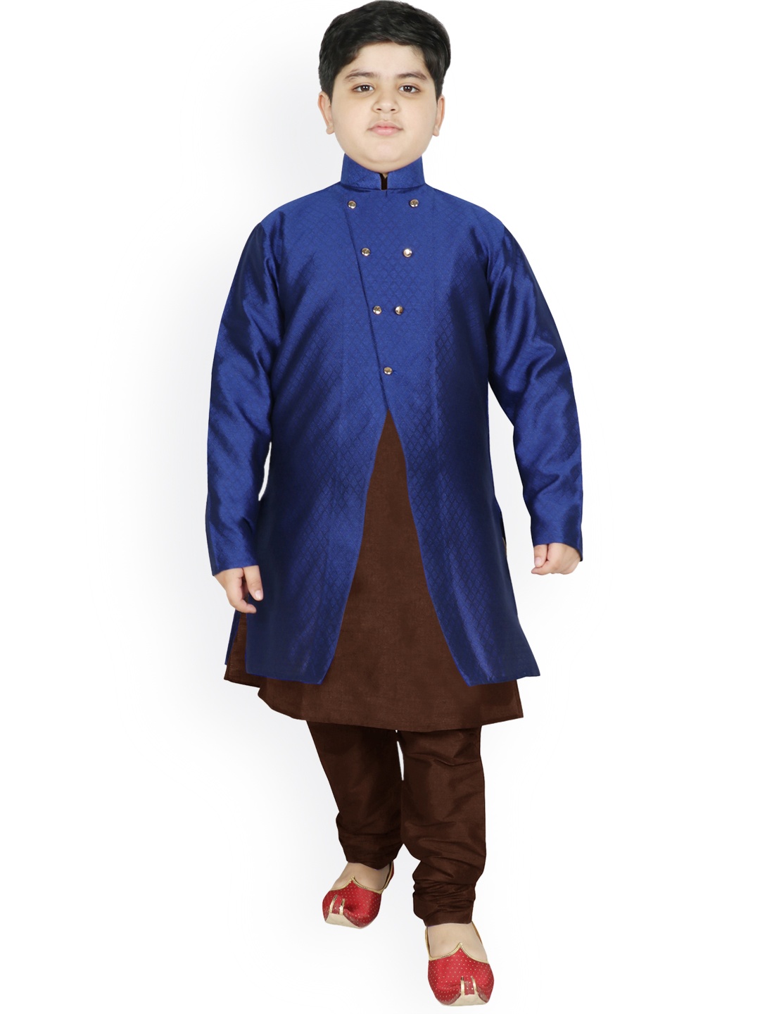 

SG YUVRAJ Boys Burgundy & Blue Raw Silk Kurta Pyjama with Jacket