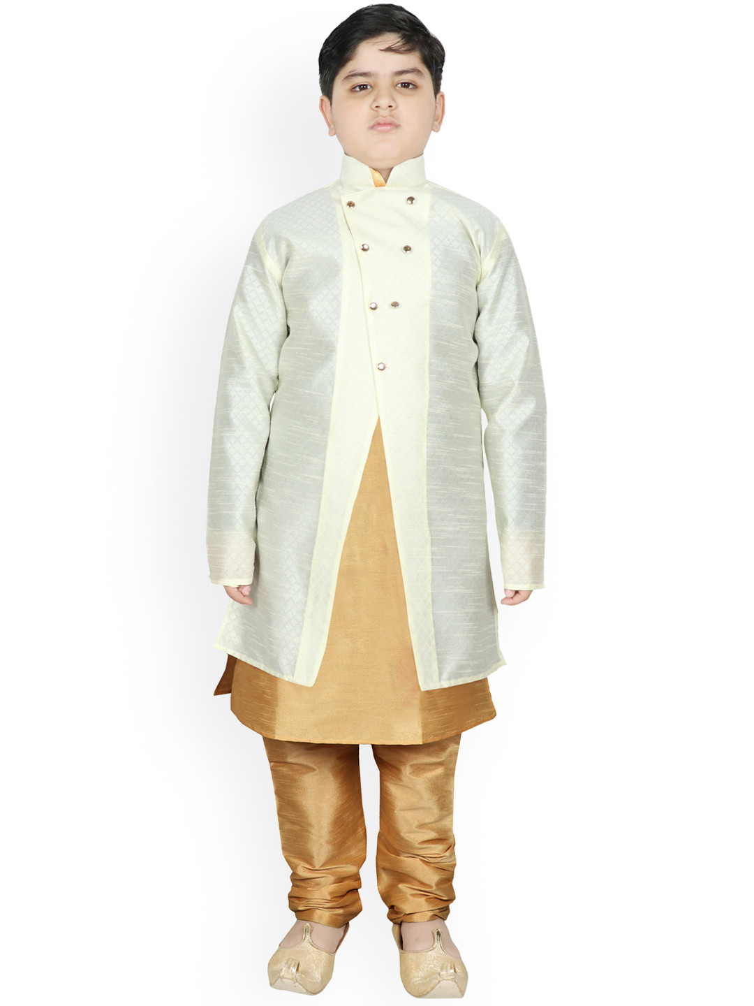 

SG YUVRAJ Boys Cream-Coloured Raw Silk Kurta with Pyjamas & Jacket
