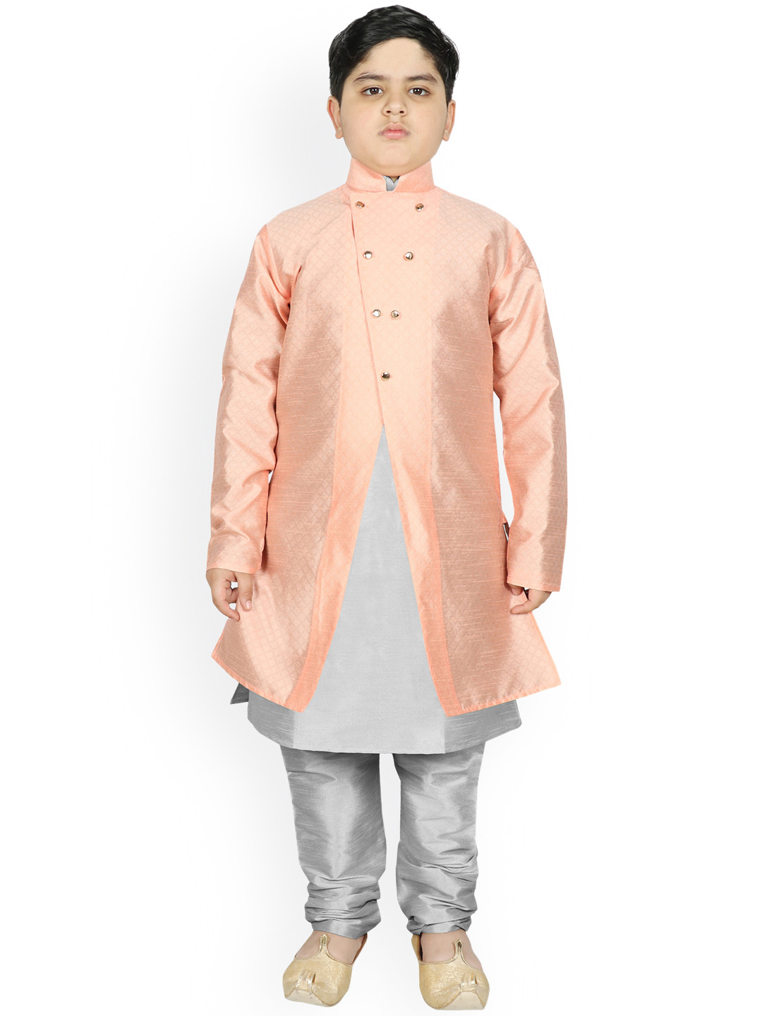

SG YUVRAJ Boys Peach-Coloured & Grey Raw Silk Kurta with Pyjamas