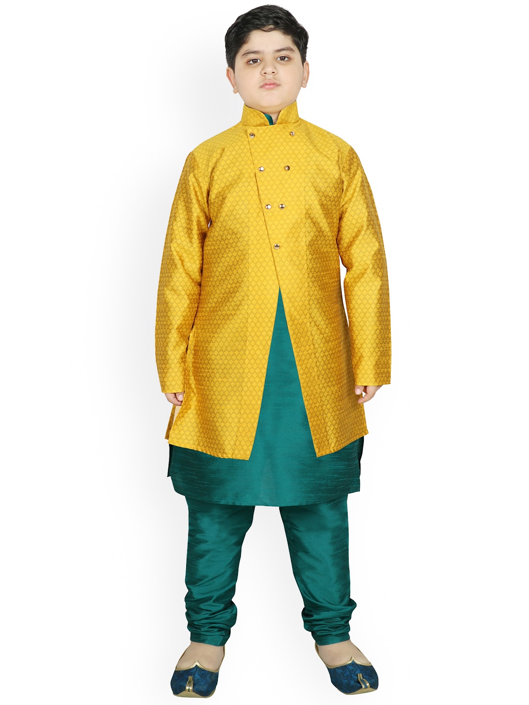 

SG YUVRAJ Boys Yellow & Green Raw Silk Kurta with Churidar