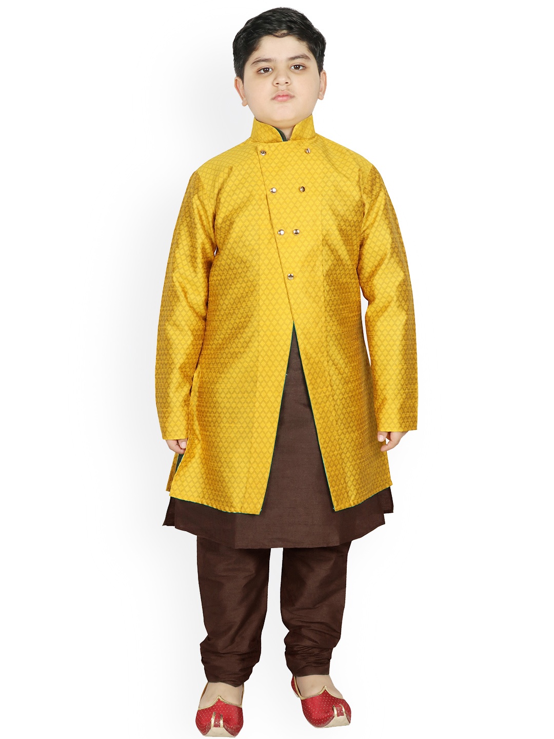 

SG YUVRAJ Boys Yellow & Brown Raw Silk Kurta Pyjama with Jacket