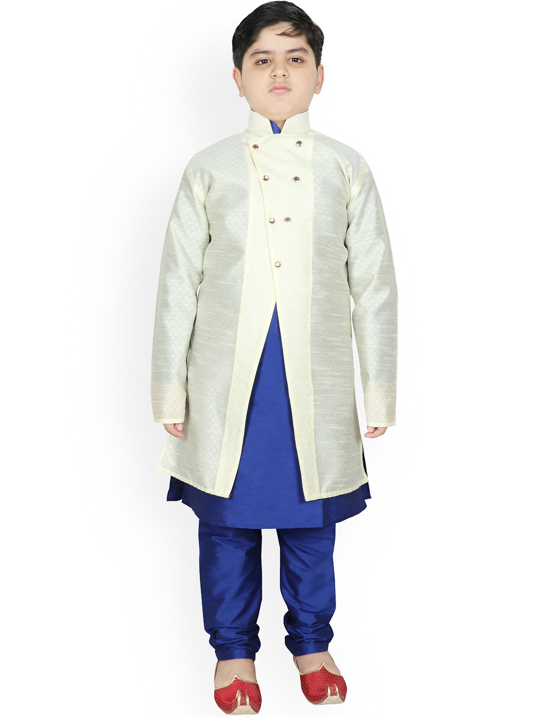 

SG YUVRAJ Boys Cream-Coloured & Blue Raw Silk Kurta Pyjama with Jacket