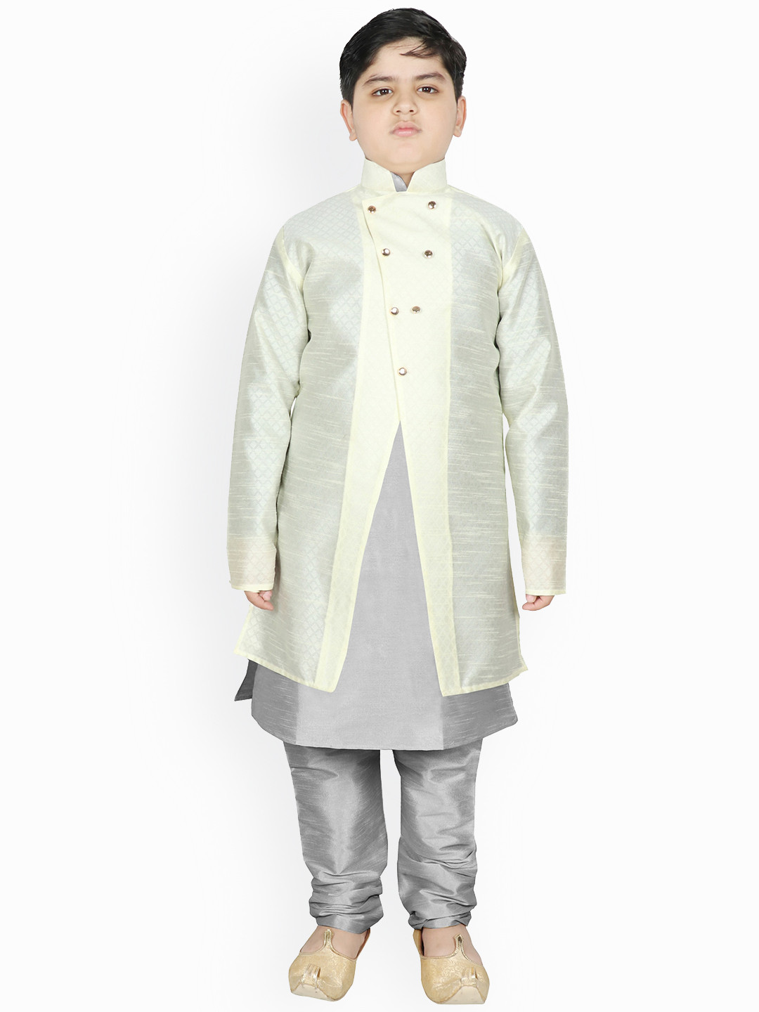 

SG YUVRAJ Boys Cream-Coloured Raw Silk Kurta with Pyjamas & Jacket