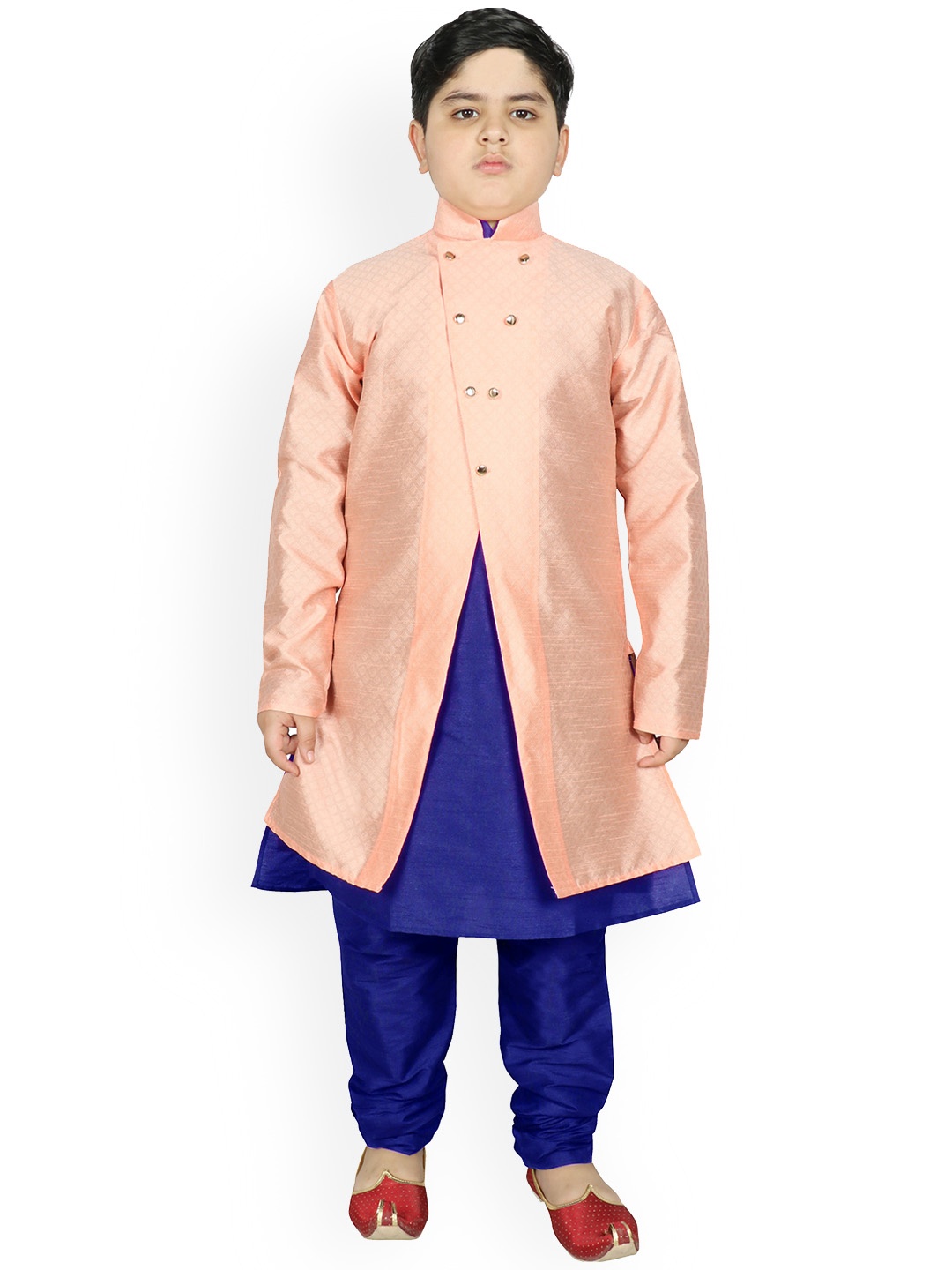 

SG YUVRAJ Boys Peach-Coloured & Blue Raw Silk Kurta Pyjama with Jacket