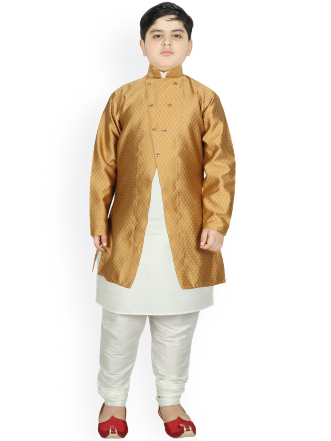 

SG YUVRAJ Boys Cream-Coloured Raw Silk Kurta with Pyjamas & Jacket