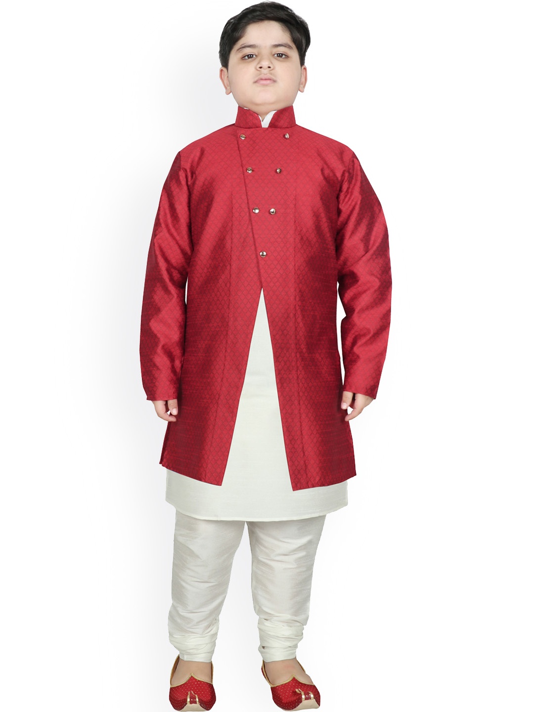 

SG YUVRAJ Boys Maroon & Off White Raw Silk Kurta with Churidar