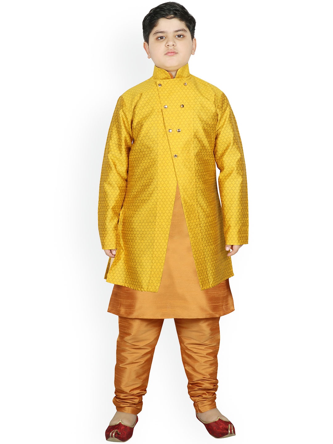 

SG YUVRAJ Boys Gold-Toned Raw Silk Kurta with Pyjamas & Jacket