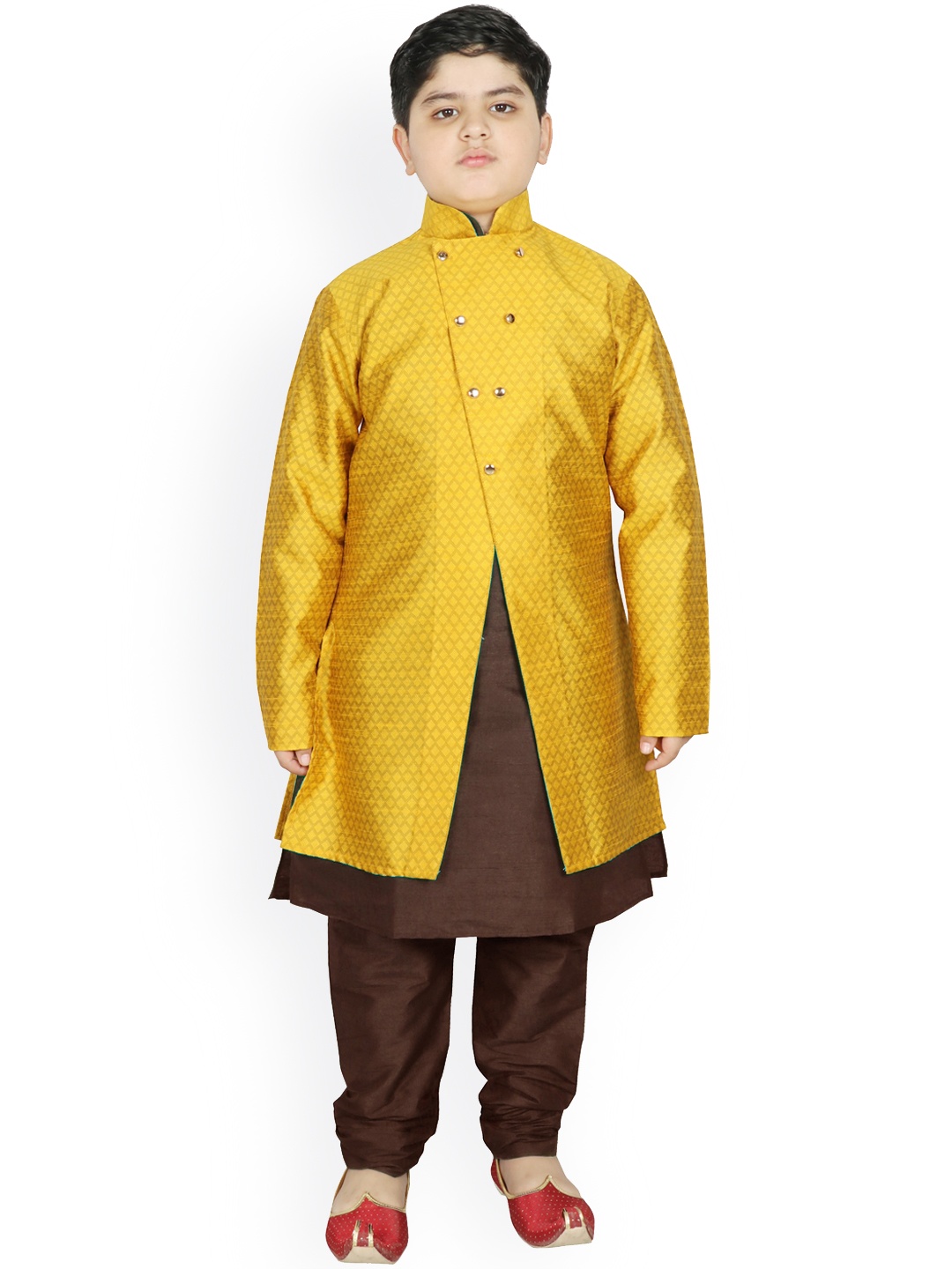 

SG YUVRAJ Boys Yellow & Brown Raw Silk Kurta Pyjama with Jacket