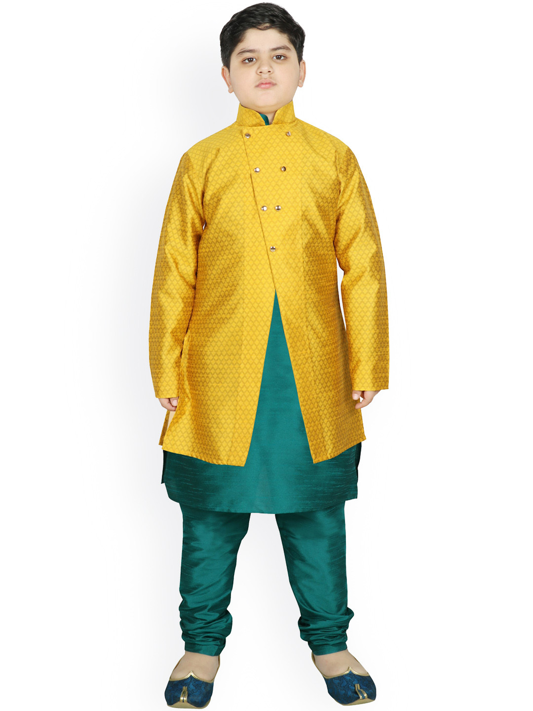 

SG YUVRAJ Boys Green Raw Silk Kurta with Churidar & Jacket