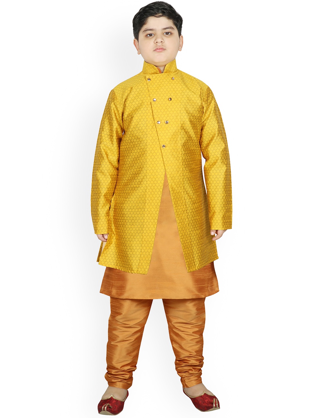 

SG YUVRAJ Boys Yellow Raw Silk Kurta Pyjama with Jacket