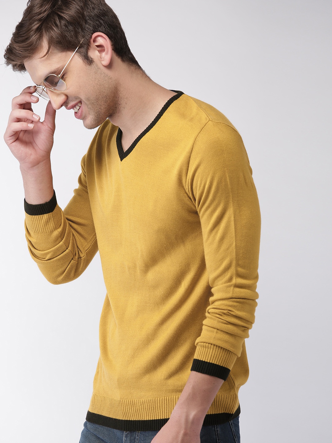 

Mast & Harbour Men Mustard Yellow Solid Pullover