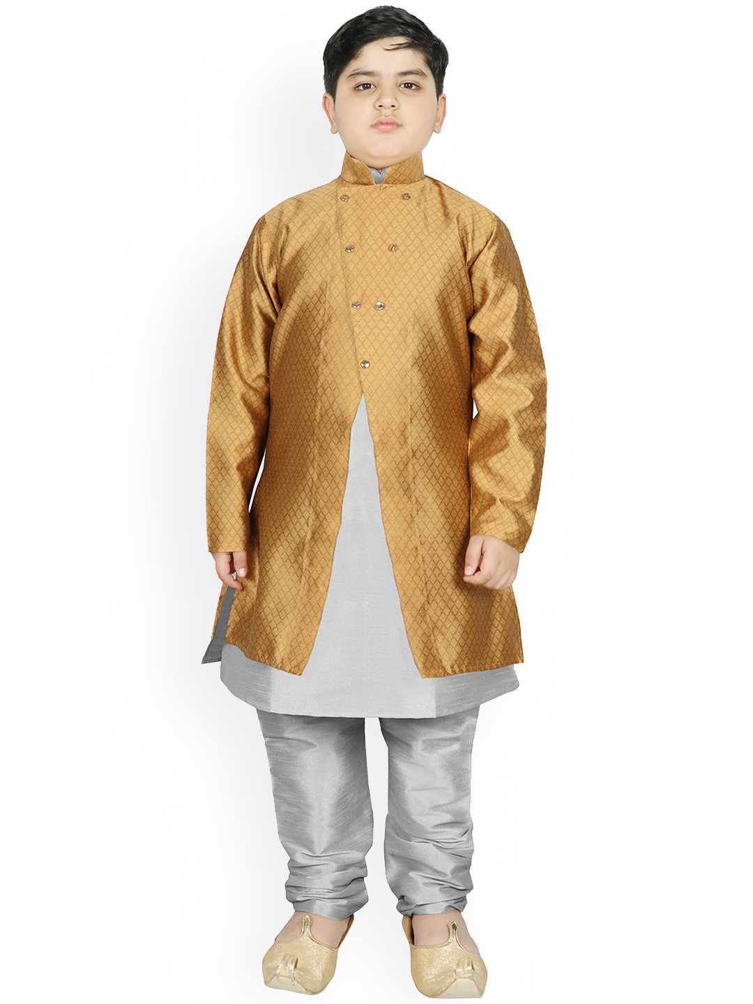 

SG YUVRAJ Boys Gold-Toned Raw Silk Kurta with Pyjamas & Jacket