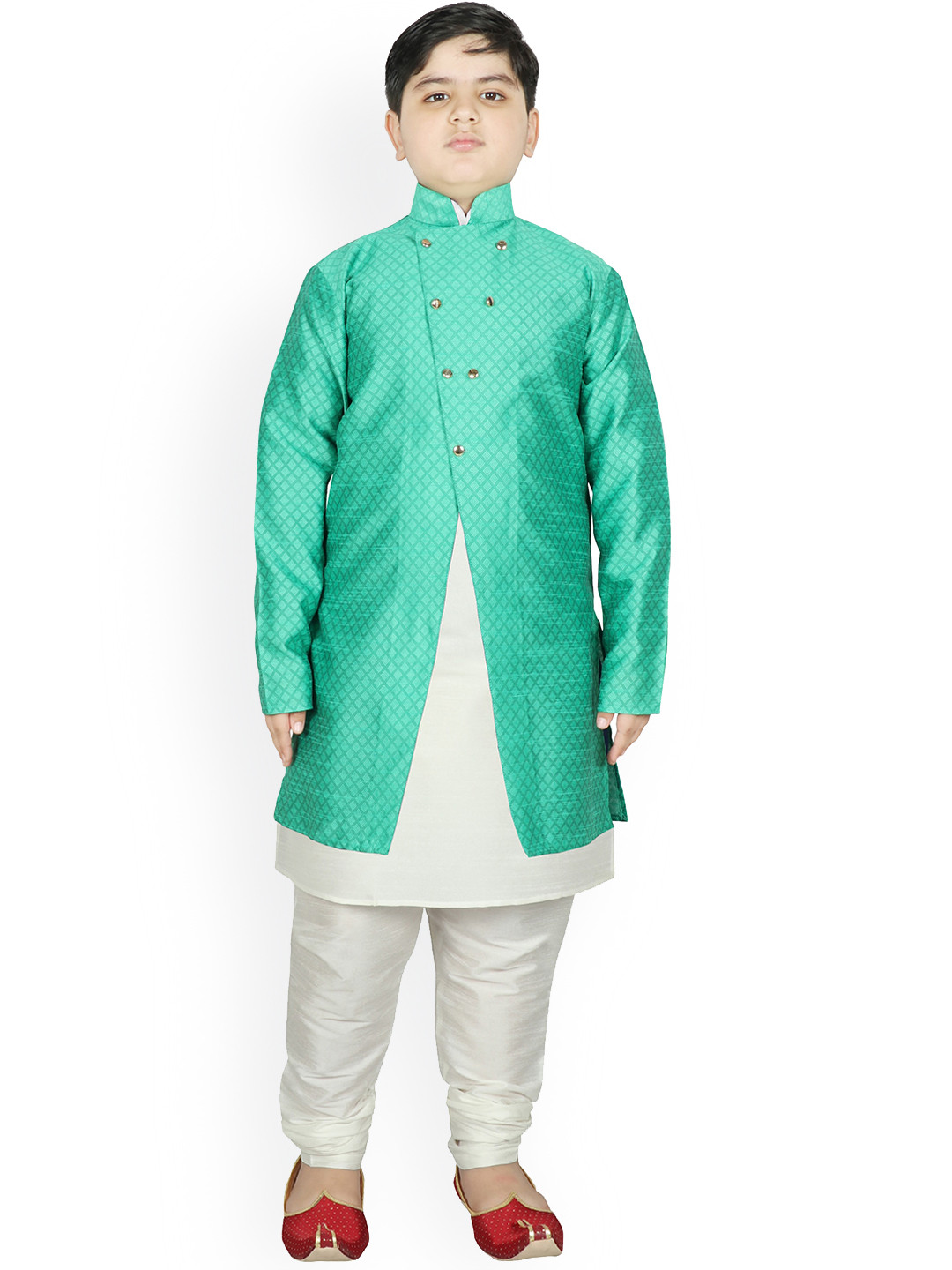 

SG YUVRAJ Boys Sea Green Layered Raw Silk Kurta with Churidar