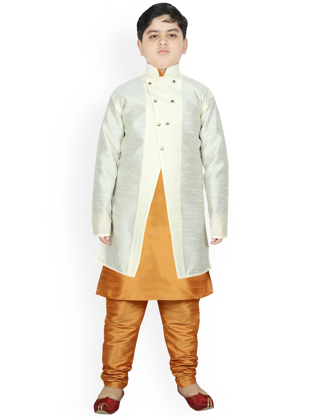 

SG YUVRAJ Boys Cream-Coloured Layered Raw Silk Kurta with Pyjamas
