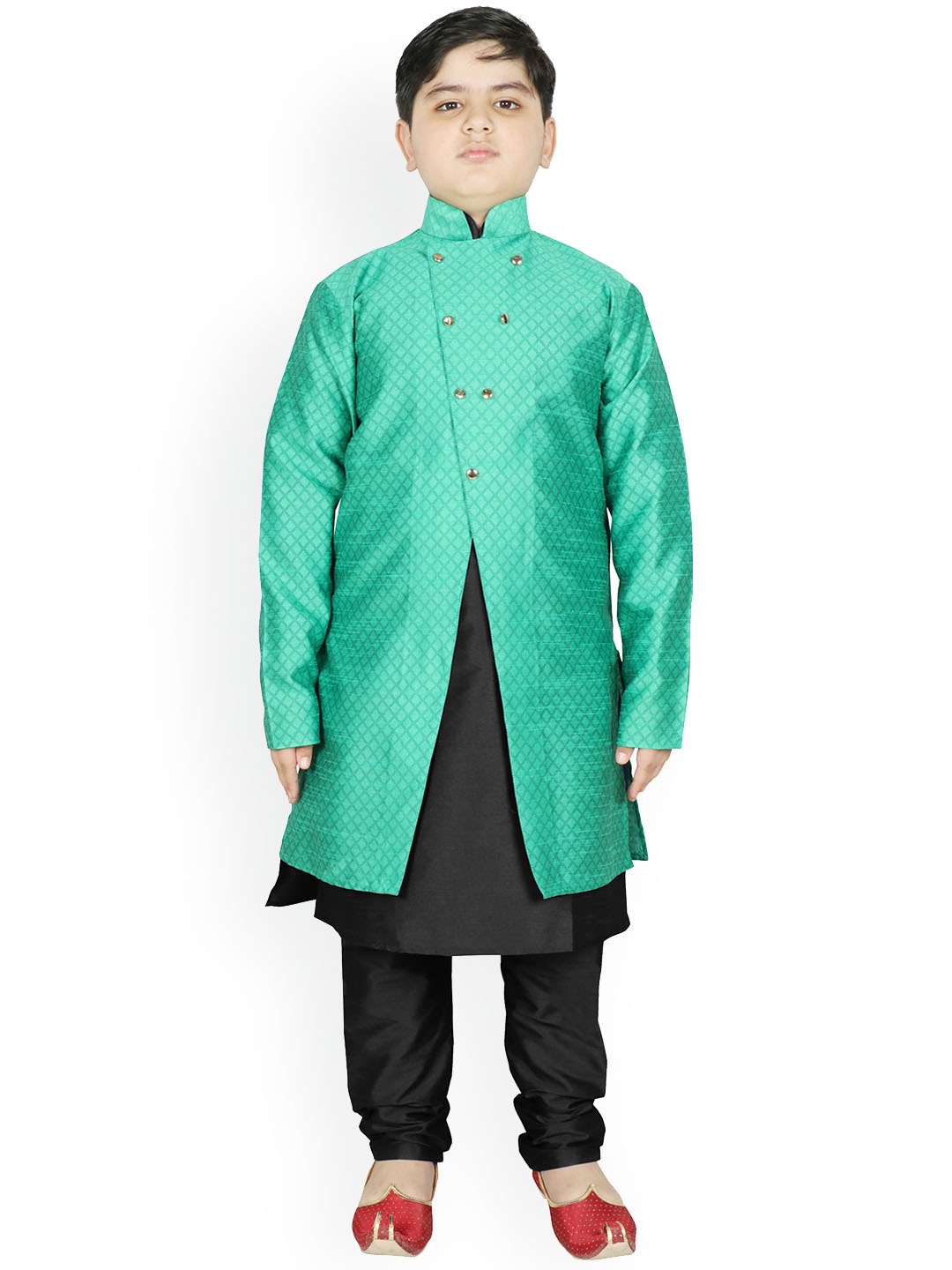 

SG YUVRAJ Boys Sea Green & Black Raw Silk Kurta with Pyjamas