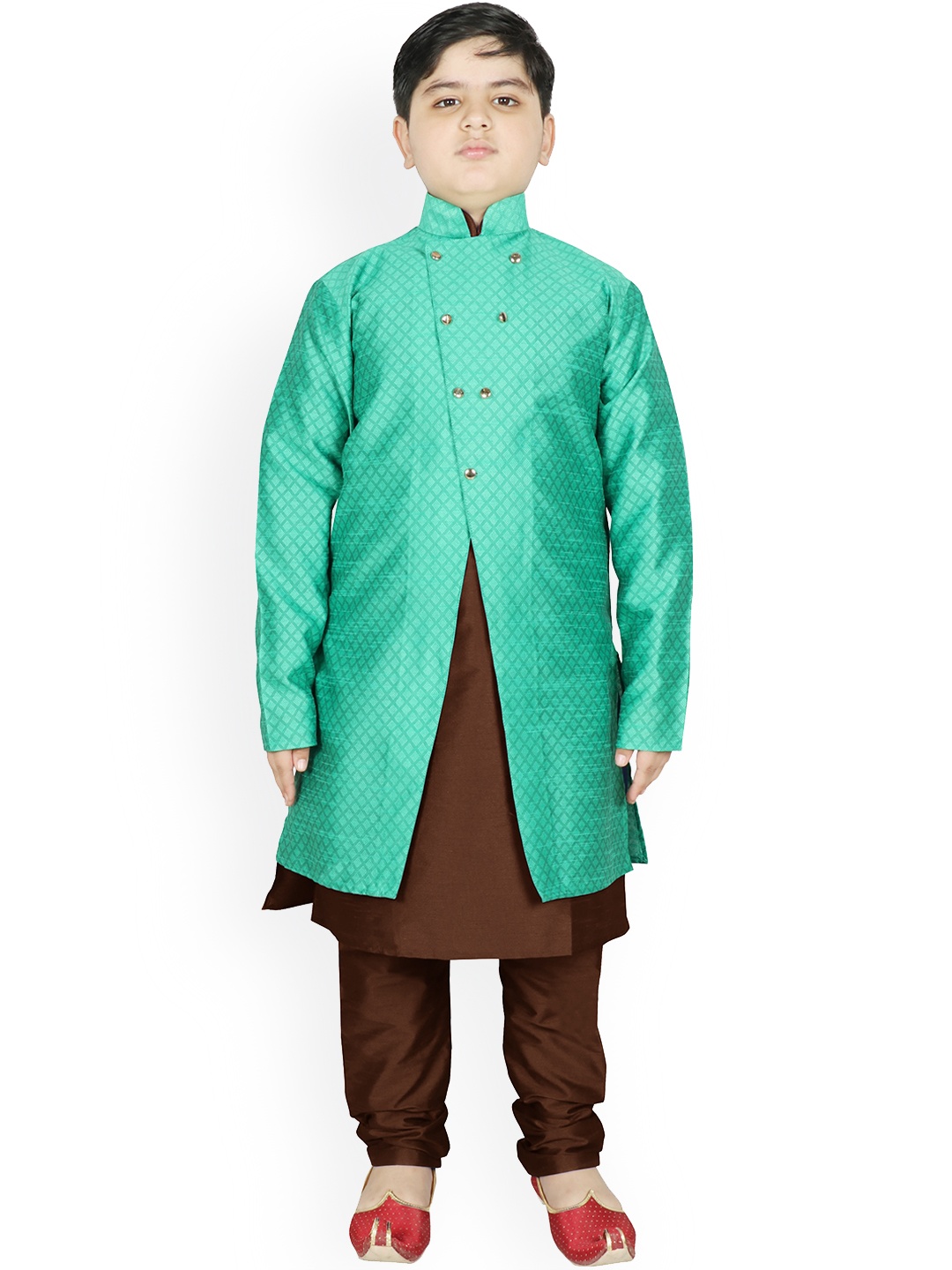

SG YUVRAJ Boys Sea Green & Brown Raw Silk Kurta Pyjama with Jacket