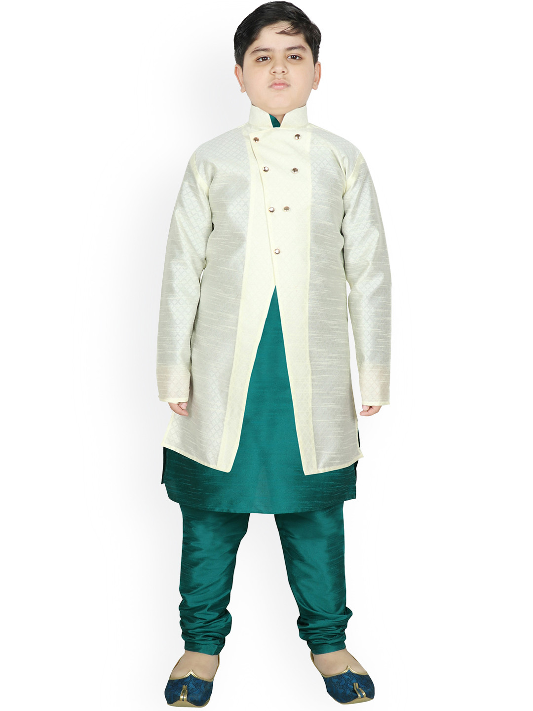 

SG YUVRAJ Boys Cream-Coloured & Green Layered Raw Silk Kurta with Churidar
