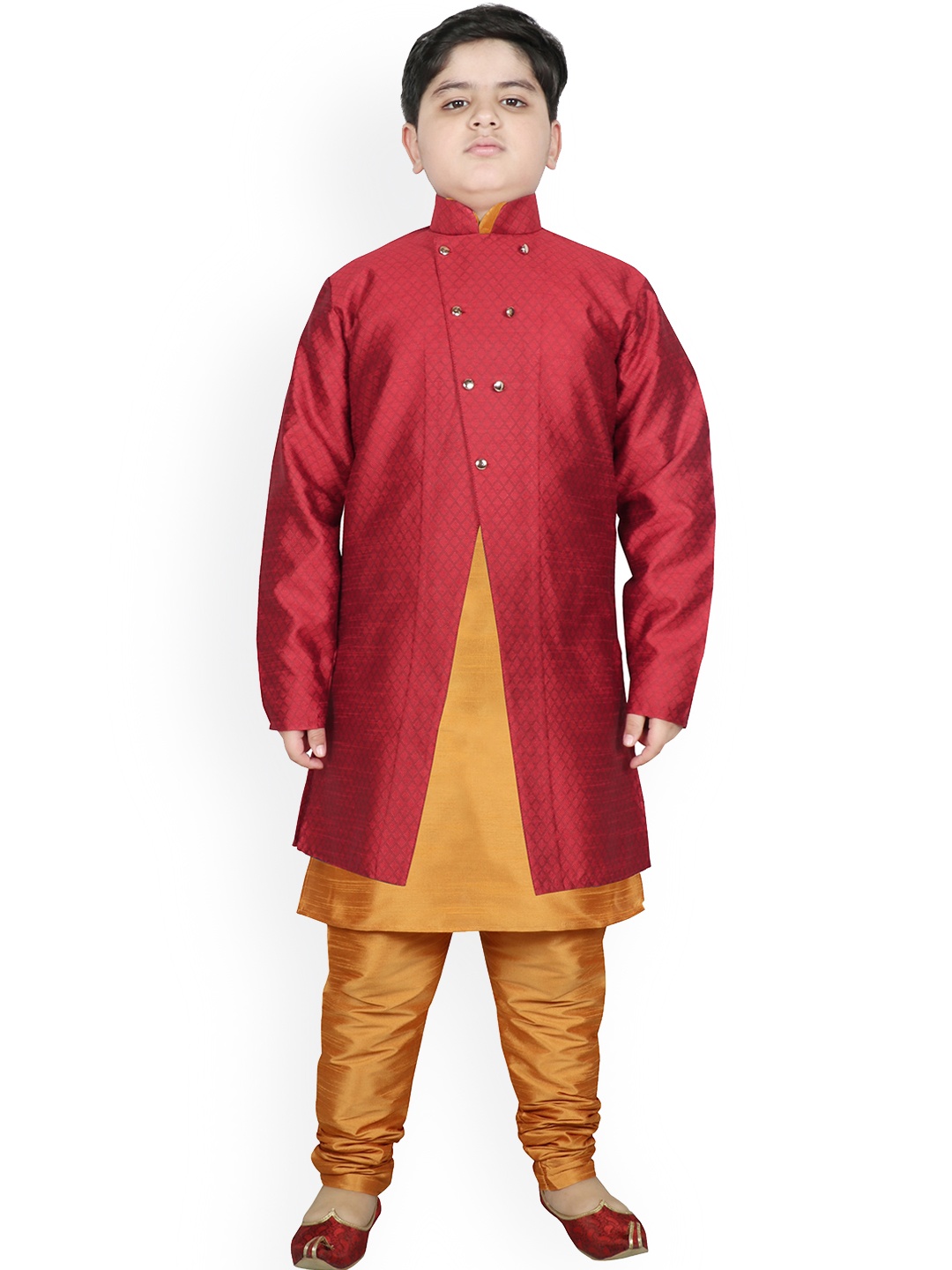 

SG YUVRAJ Boys Maroon & Yellow Raw Silk Kurta with Churidar