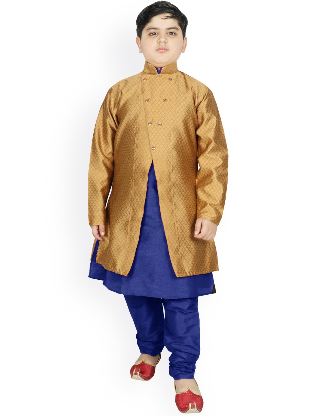 

SG YUVRAJ Boys Golden Raw Silk Kurta with Trousers & Jacket, Gold