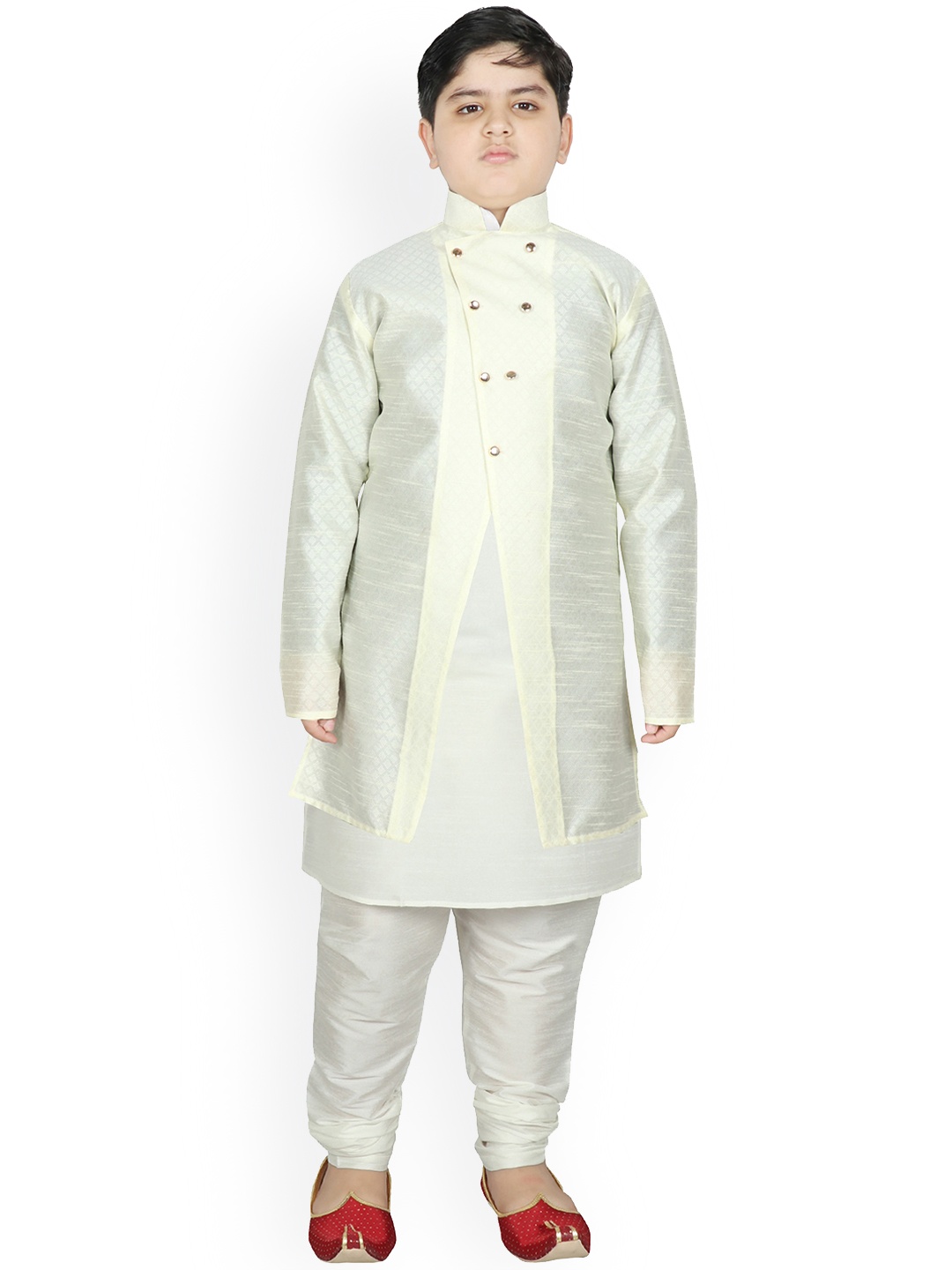 

SG YUVRAJ Boys Cream-Coloured Raw Silk Kurta with Churidar & Jacket