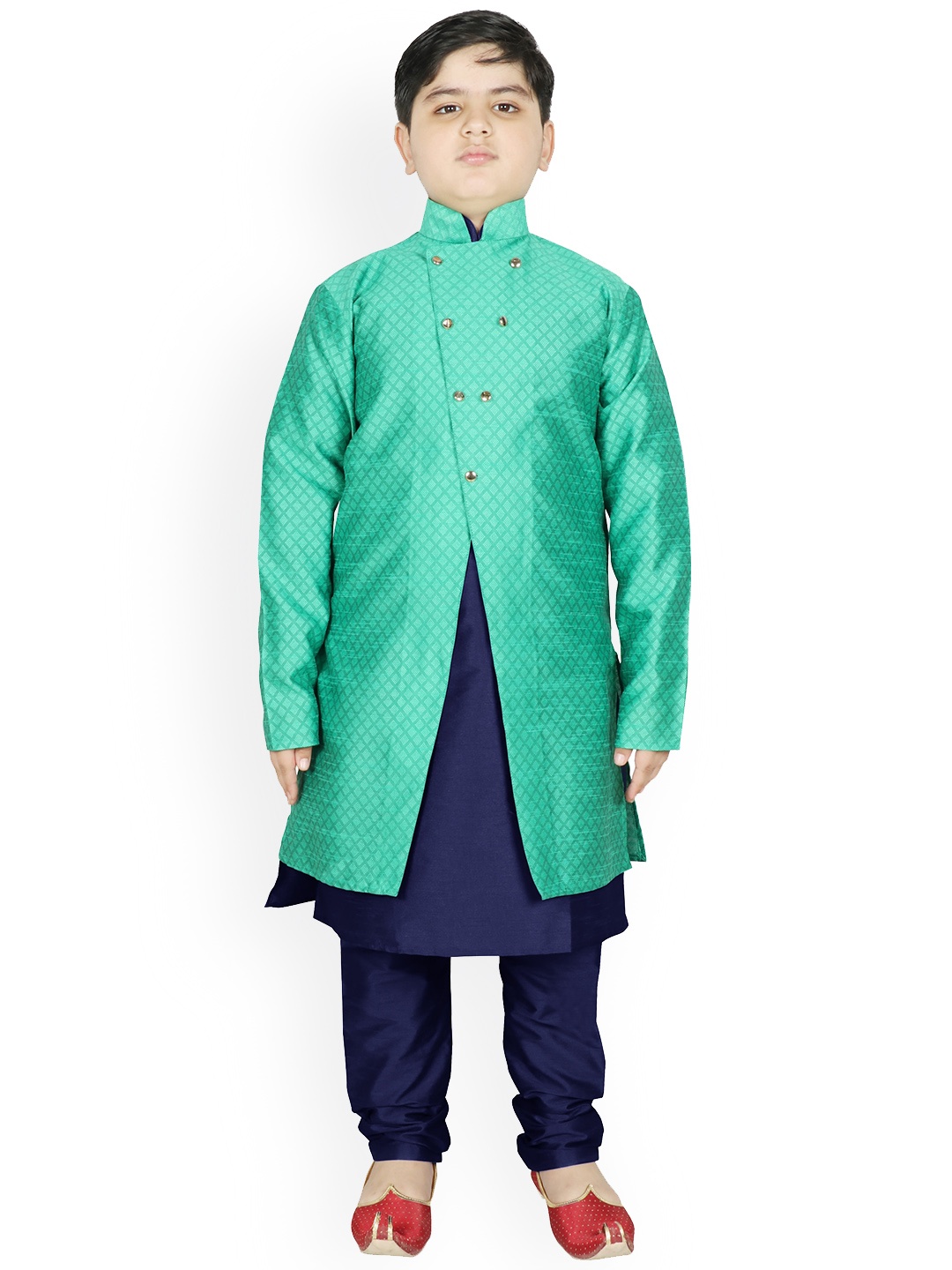 

SG YUVRAJ Boys Sea Green Raw Silk Kurta with Pyjamas & Jacket