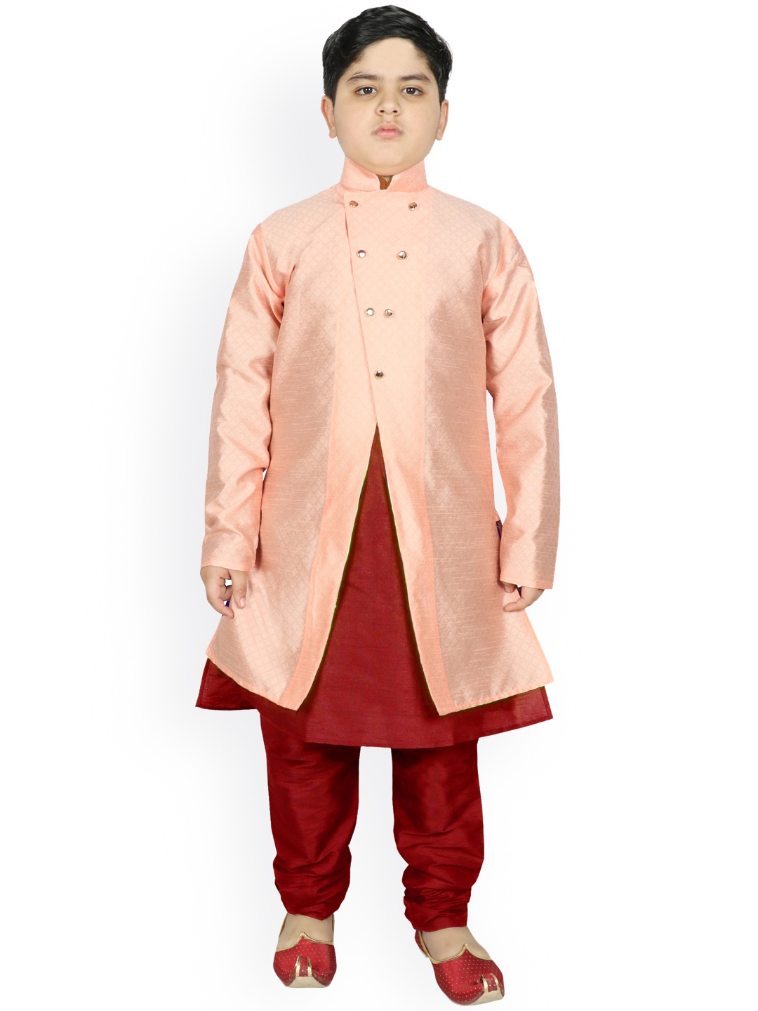 

SG YUVRAJ Boys Peach-Coloured Raw Silk Kurta with Pyjamas & Jacket