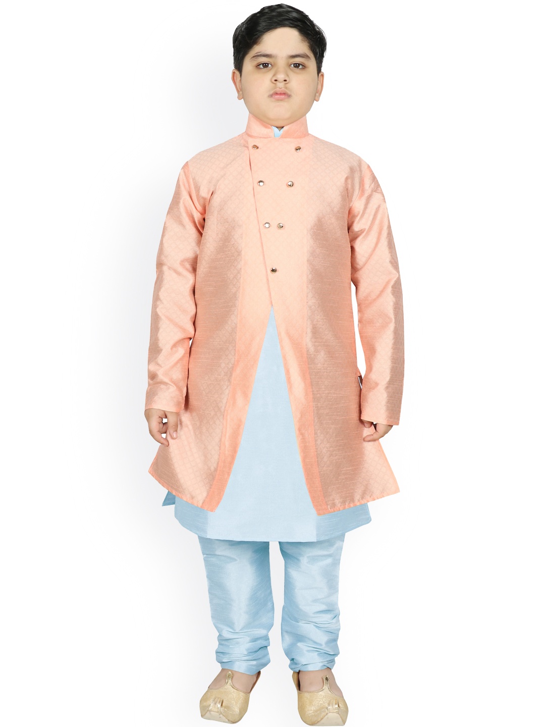 

SG YUVRAJ Boys Peach-Coloured Raw Silk Kurta with Pyjamas With Jacket