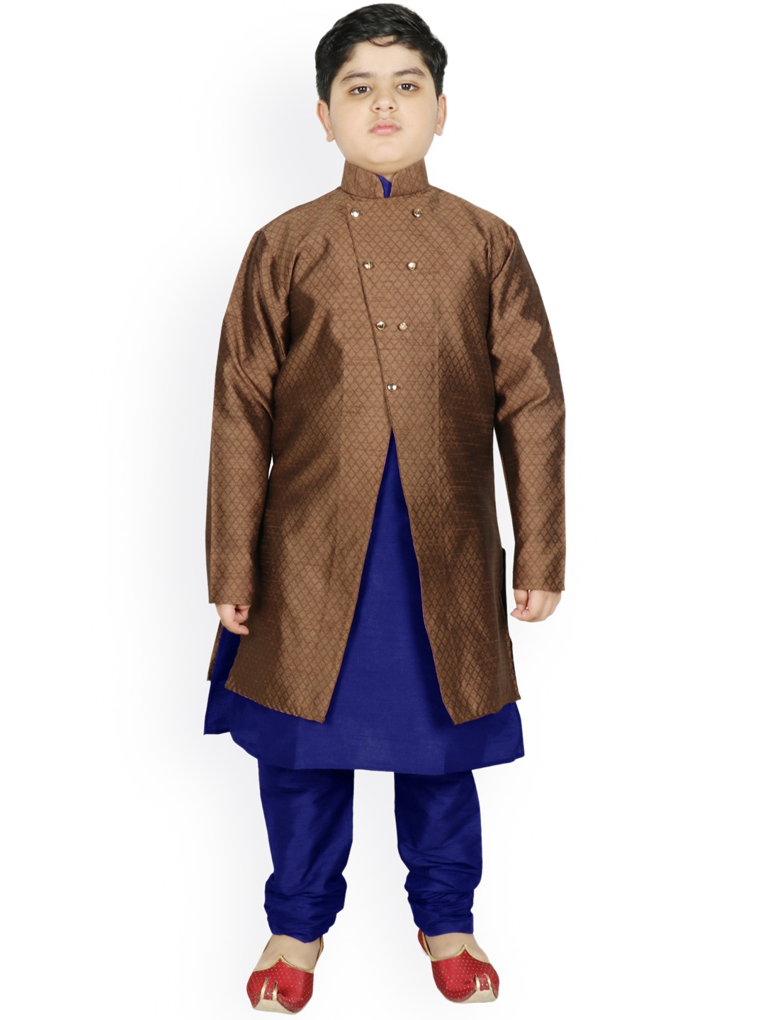 

SG YUVRAJ Boys Brown Raw Silk Kurta with Pyjamas With Jacket