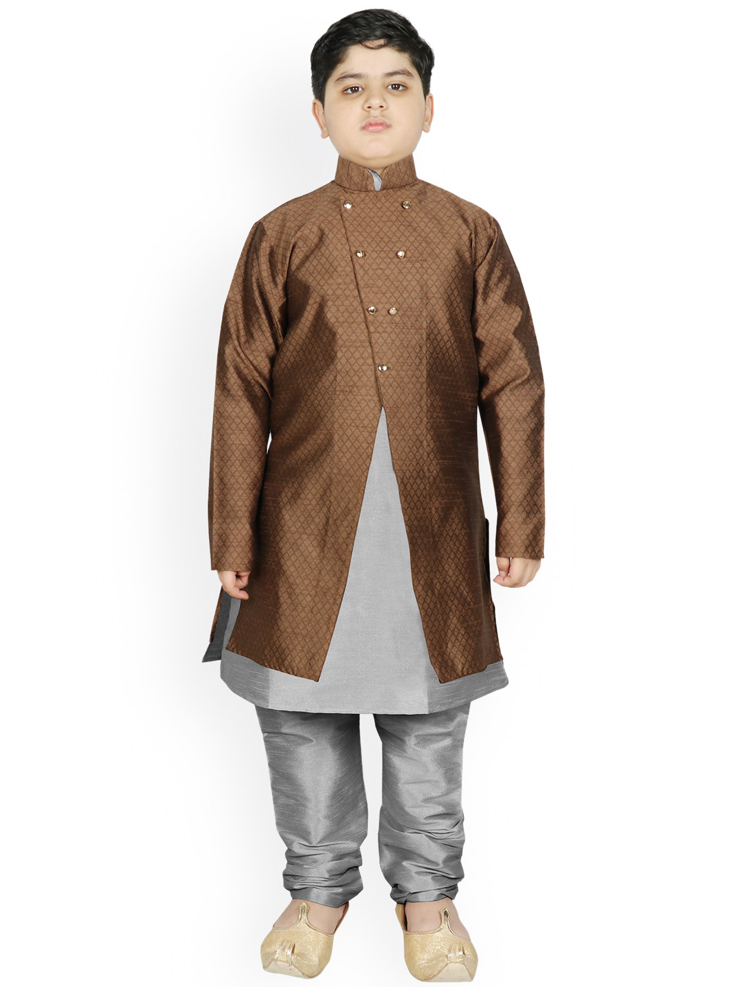 

SG YUVRAJ Boys Brown Raw Silk Kurta with Pyjamas With Jacket