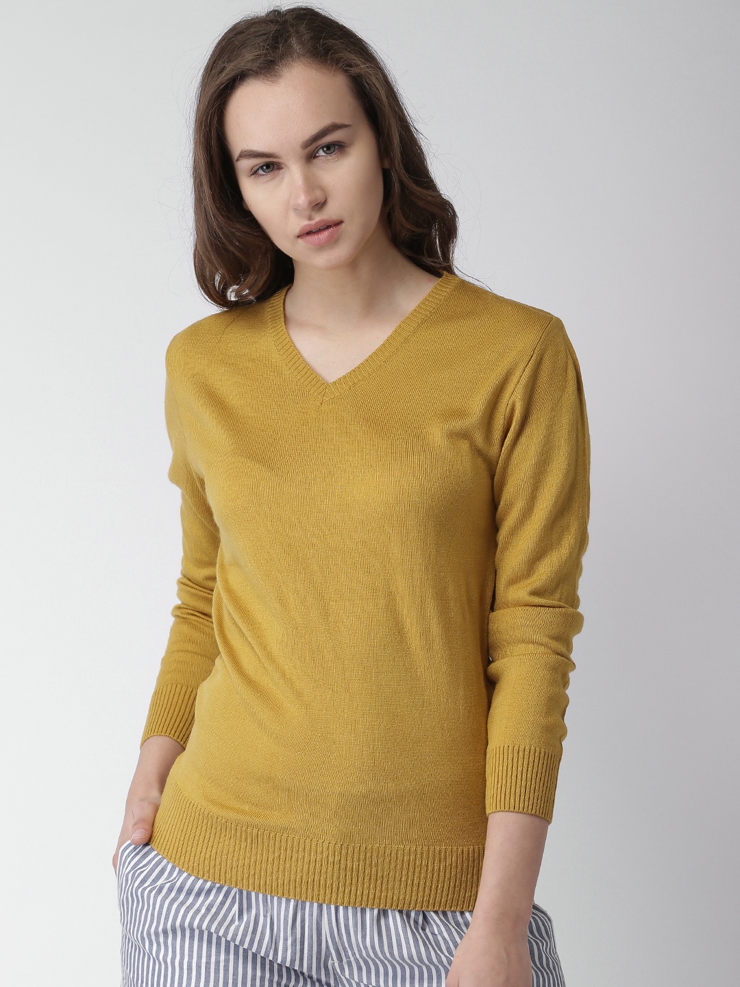

Mast & Harbour Women Mustard Yellow Solid Pullover